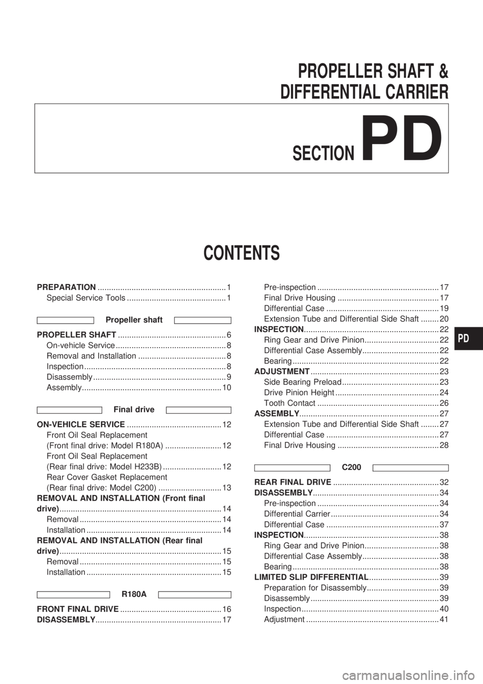NISSAN PICK-UP 1998 Repair Manual PROPELLER SHAFT &
DIFFERENTIAL CARRIER
SECTION
PD
CONTENTS
PREPARATION......................................................... 1
Special Service Tools ............................................ 1
P NISSAN PICK-UP 1998 Repair Manual PROPELLER SHAFT &
DIFFERENTIAL CARRIER
SECTION
PD
CONTENTS
PREPARATION......................................................... 1
Special Service Tools ............................................ 1
P