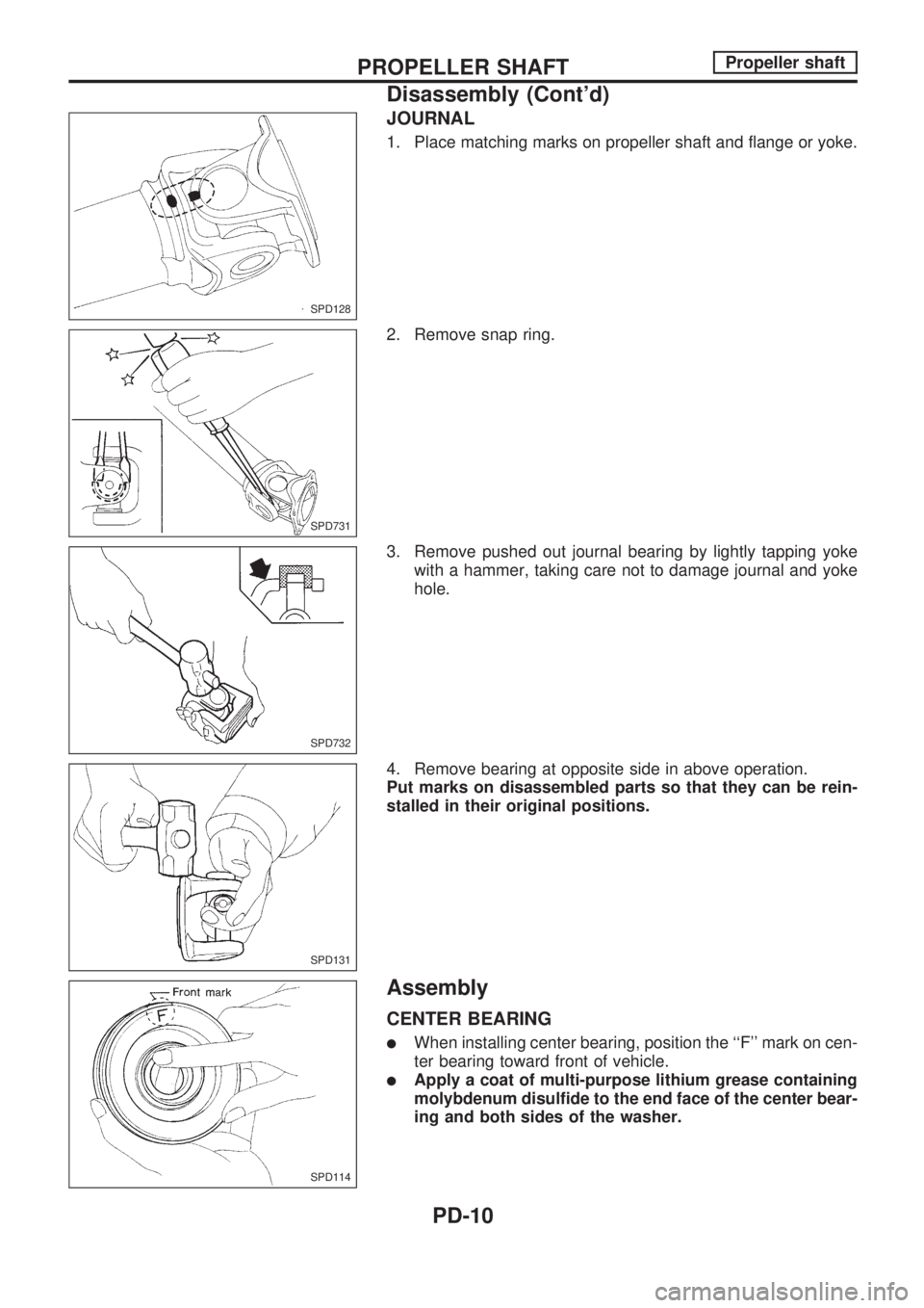 NISSAN PICK-UP 1998  Repair Manual JOURNAL
1. Place matching marks on propeller shaft and flange or yoke.
2. Remove snap ring.
3. Remove pushed out journal bearing by lightly tapping yoke
with a hammer, taking care not to damage journa