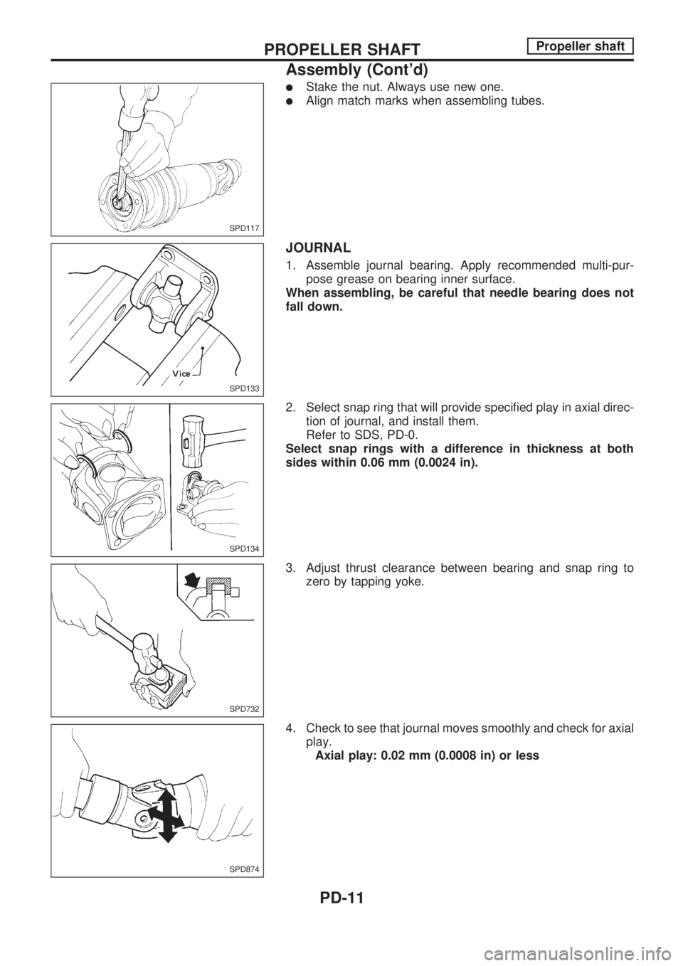 NISSAN PICK-UP 1998  Repair Manual lStake the nut. Always use new one.
lAlign match marks when assembling tubes.
JOURNAL
1. Assemble journal bearing. Apply recommended multi-pur-
pose grease on bearing inner surface.
When assembling, b