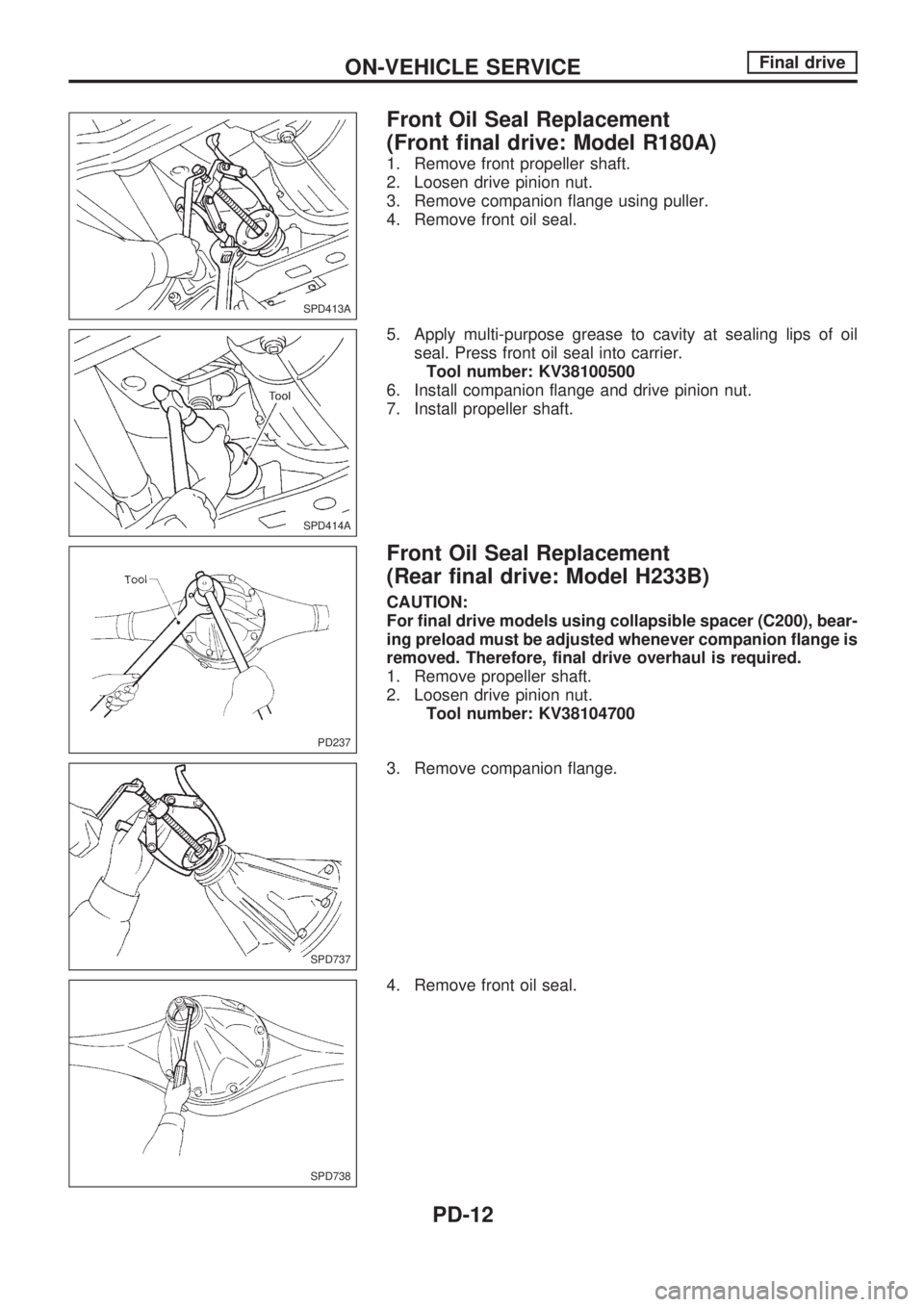 NISSAN PICK-UP 1998  Repair Manual Front Oil Seal Replacement
(Front final drive: Model R180A)
1. Remove front propeller shaft.
2. Loosen drive pinion nut.
3. Remove companion flange using puller.
4. Remove front oil seal.
5. Apply mul