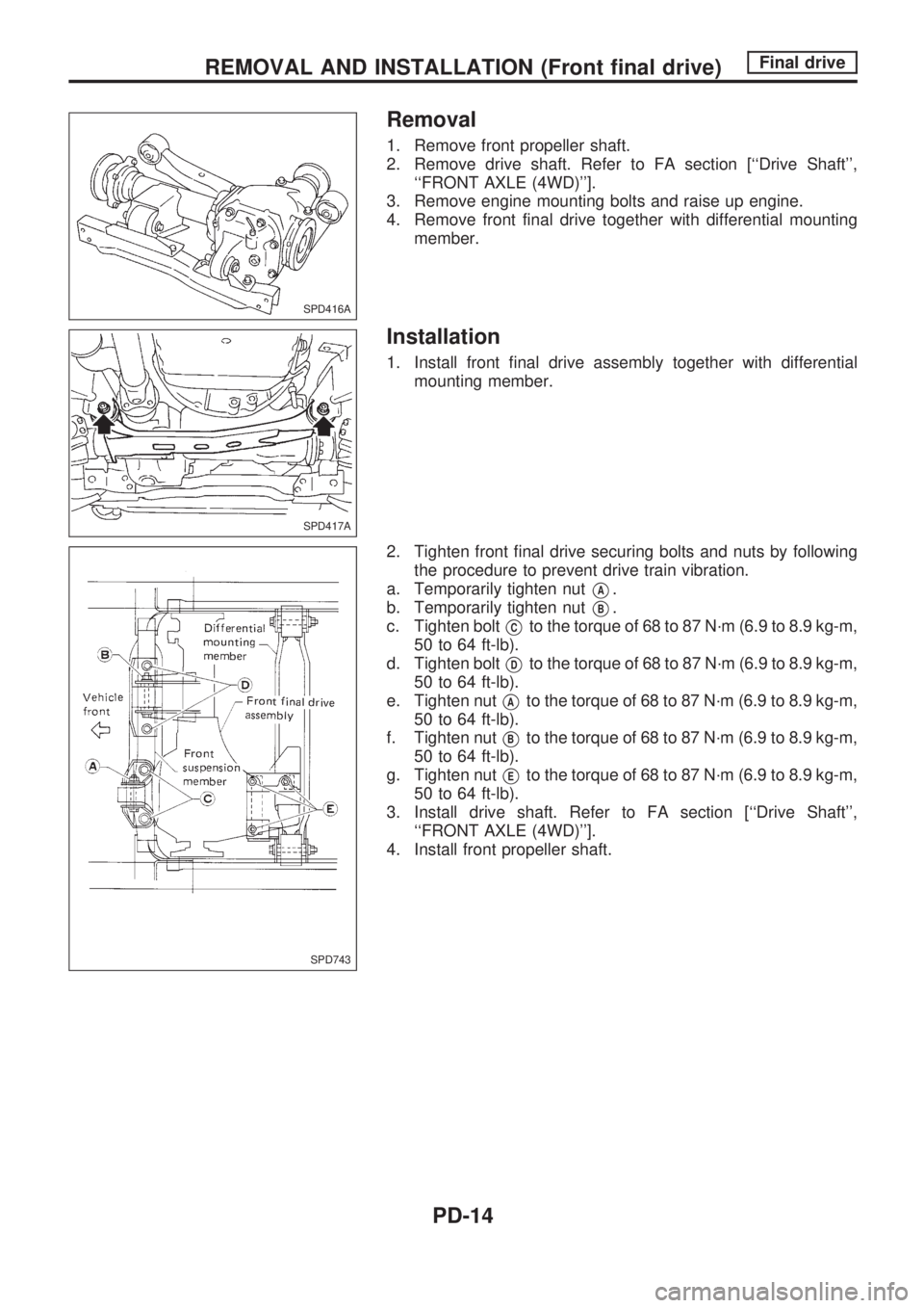 NISSAN PICK-UP 1998  Repair Manual Removal
1. Remove front propeller shaft.
2. Remove drive shaft. Refer to FA section [``Drive Shaft,
``FRONT AXLE (4WD)].
3. Remove engine mounting bolts and raise up engine.
4. Remove front final 