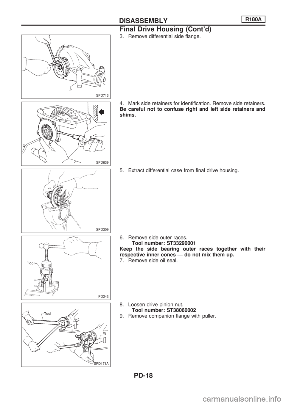 NISSAN PICK-UP 1998  Repair Manual 3. Remove differential side flange.
4. Mark side retainers for identification. Remove side retainers.
Be careful not to confuse right and left side retainers and
shims.
5. Extract differential case fr