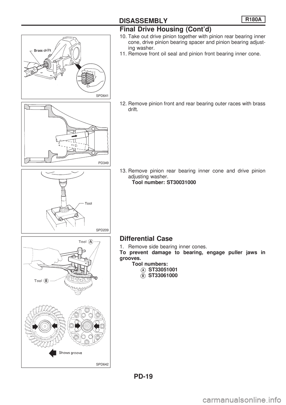 NISSAN PICK-UP 1998  Repair Manual 10. Take out drive pinion together with pinion rear bearing inner
cone, drive pinion bearing spacer and pinion bearing adjust-
ing washer.
11. Remove front oil seal and pinion front bearing inner cone