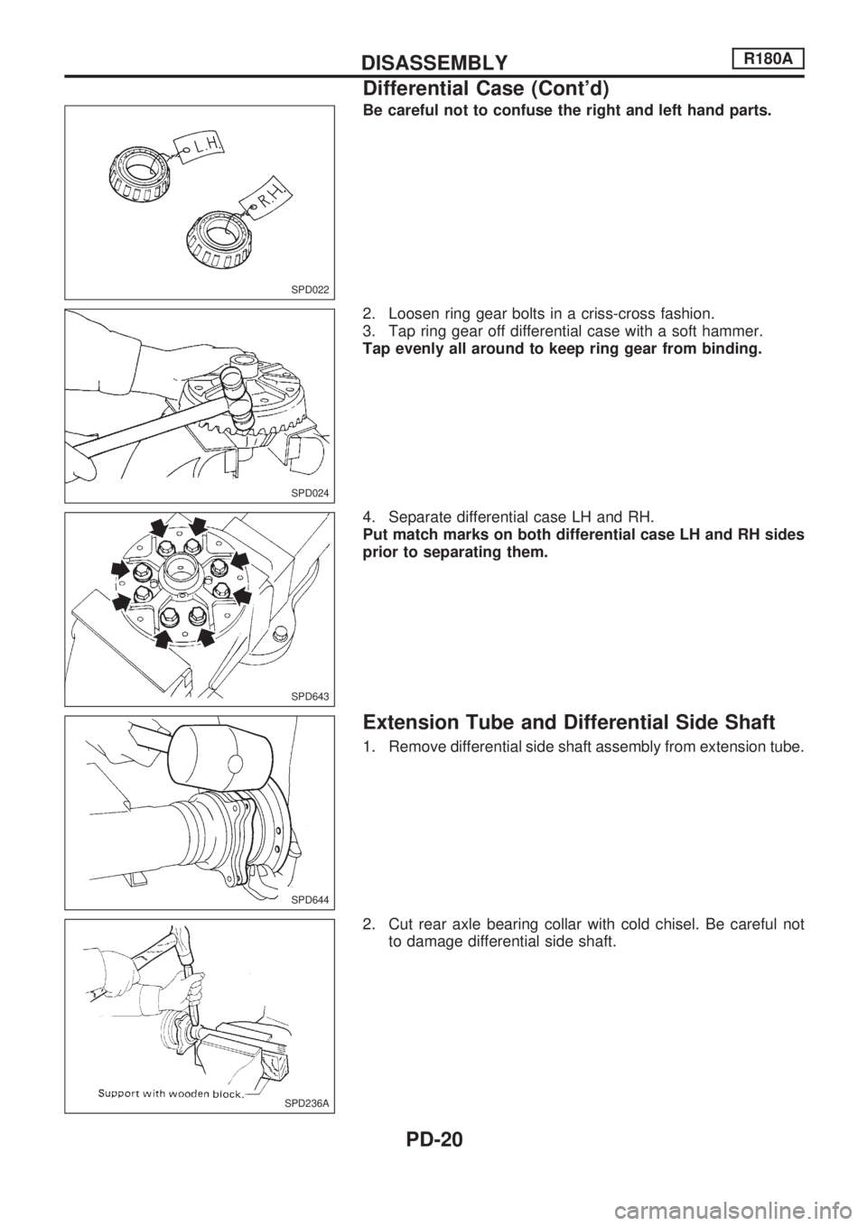 NISSAN PICK-UP 1998 Repair Manual Be careful not to confuse the right and left hand parts.
2. Loosen ring gear bolts in a criss-cross fashion.
3. Tap ring gear off differential case with a soft hammer.
Tap evenly all around to keep ri NISSAN PICK-UP 1998 Repair Manual Be careful not to confuse the right and left hand parts.
2. Loosen ring gear bolts in a criss-cross fashion.
3. Tap ring gear off differential case with a soft hammer.
Tap evenly all around to keep ri