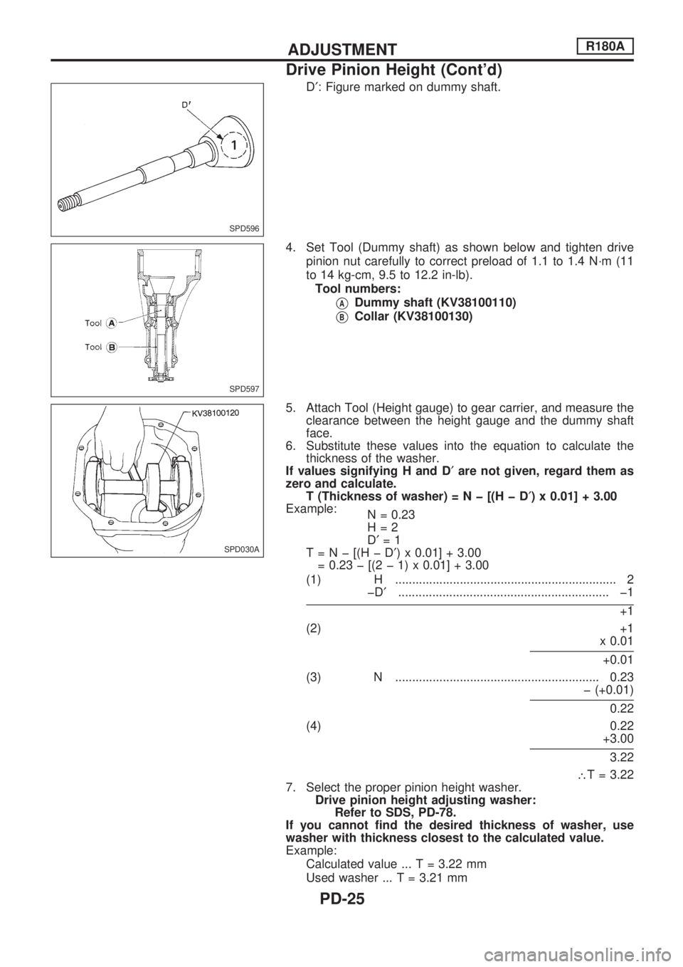 NISSAN PICK-UP 1998 Repair Manual D¢: Figure marked on dummy shaft.
4. Set Tool (Dummy shaft) as shown below and tighten drive
pinion nut carefully to correct preload of 1.1 to 1.4 N´m (11
to 14 kg-cm, 9.5 to 12.2 in-lb).
Tool numbe NISSAN PICK-UP 1998 Repair Manual D¢: Figure marked on dummy shaft.
4. Set Tool (Dummy shaft) as shown below and tighten drive
pinion nut carefully to correct preload of 1.1 to 1.4 N´m (11
to 14 kg-cm, 9.5 to 12.2 in-lb).
Tool numbe