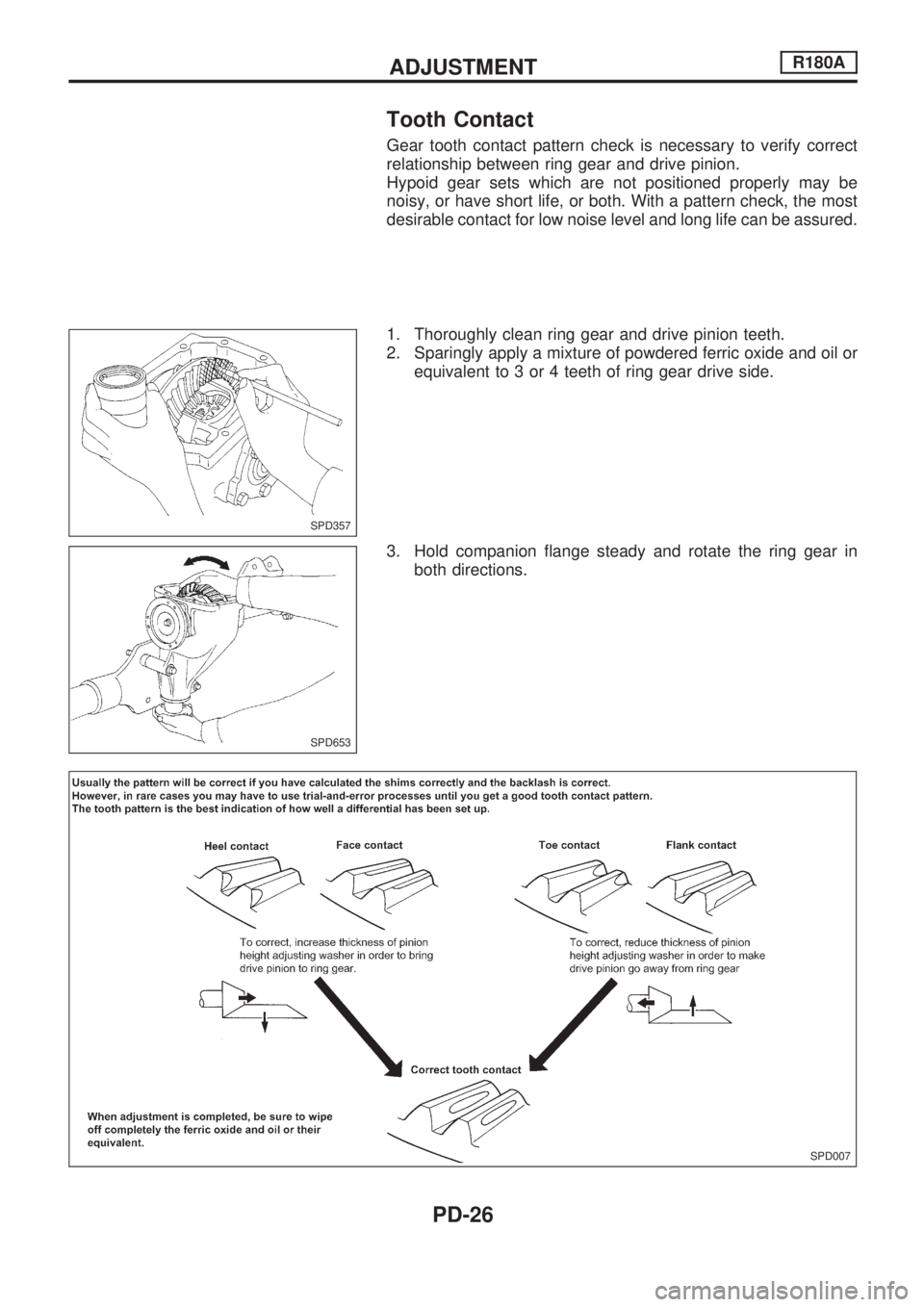 NISSAN PICK-UP 1998 Repair Manual Tooth Contact
Gear tooth contact pattern check is necessary to verify correct
relationship between ring gear and drive pinion.
Hypoid gear sets which are not positioned properly may be
noisy, or have NISSAN PICK-UP 1998 Repair Manual Tooth Contact
Gear tooth contact pattern check is necessary to verify correct
relationship between ring gear and drive pinion.
Hypoid gear sets which are not positioned properly may be
noisy, or have