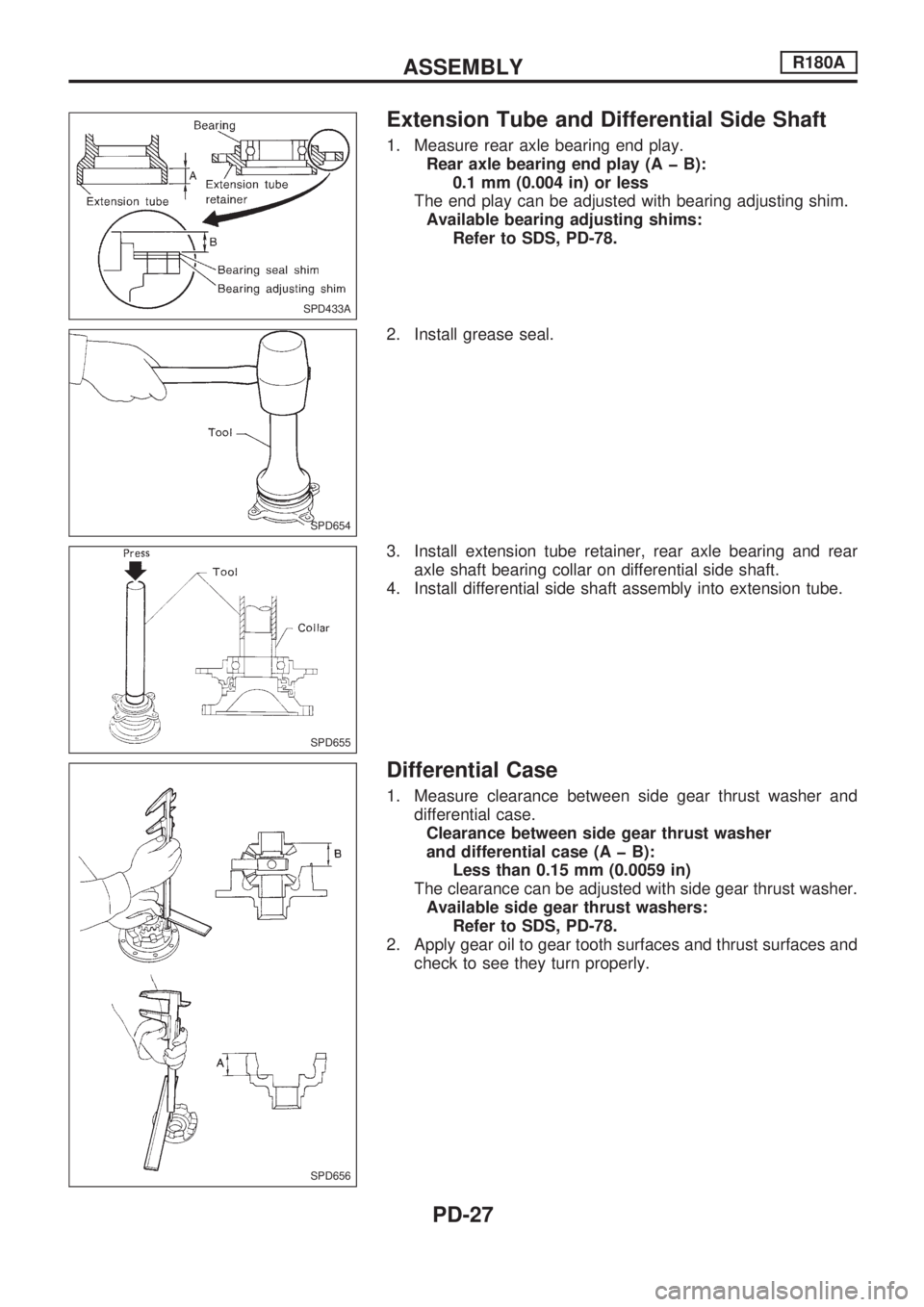 NISSAN PICK-UP 1998 Repair Manual Extension Tube and Differential Side Shaft
1. Measure rear axle bearing end play.
Rear axle bearing end play (A þ B):
0.1 mm (0.004 in) or less
The end play can be adjusted with bearing adjusting shi NISSAN PICK-UP 1998 Repair Manual Extension Tube and Differential Side Shaft
1. Measure rear axle bearing end play.
Rear axle bearing end play (A þ B):
0.1 mm (0.004 in) or less
The end play can be adjusted with bearing adjusting shi
