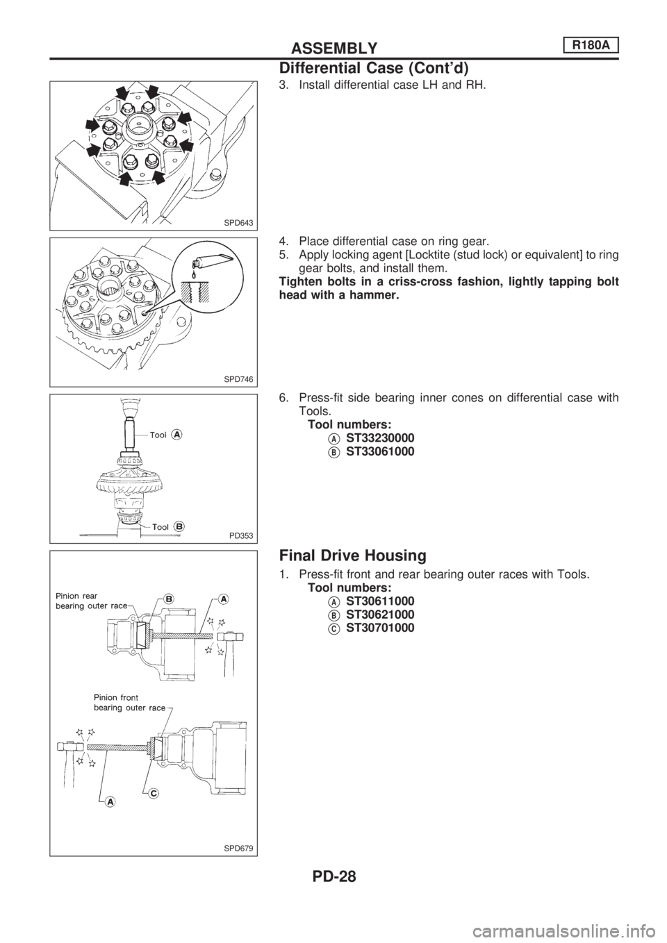NISSAN PICK-UP 1998  Repair Manual 3. Install differential case LH and RH.
4. Place differential case on ring gear.
5. Apply locking agent [Locktite (stud lock) or equivalent] to ring
gear bolts, and install them.
Tighten bolts in a cr