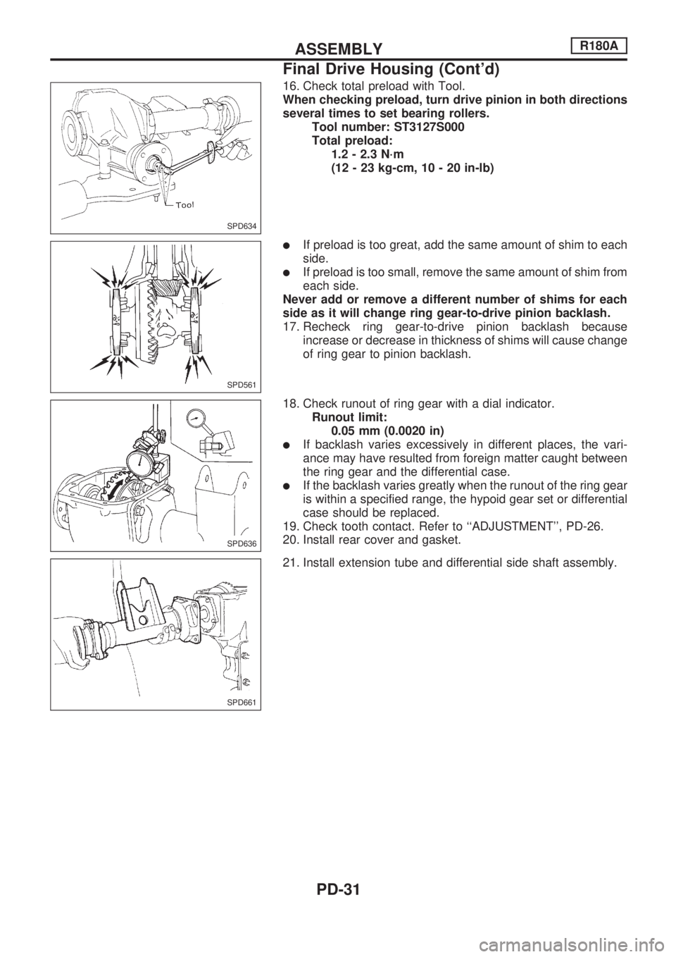 NISSAN PICK-UP 1998 Repair Manual 16. Check total preload with Tool.
When checking preload, turn drive pinion in both directions
several times to set bearing rollers.
Tool number: ST3127S000
Total preload:
1.2 - 2.3 N´m
(12 - 23 kg-c NISSAN PICK-UP 1998 Repair Manual 16. Check total preload with Tool.
When checking preload, turn drive pinion in both directions
several times to set bearing rollers.
Tool number: ST3127S000
Total preload:
1.2 - 2.3 N´m
(12 - 23 kg-c