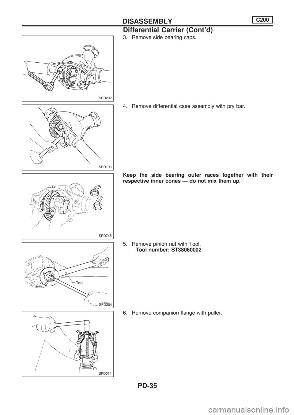 NISSAN PICK-UP 1998  Repair Manual 3. Remove side bearing caps.
4. Remove differential case assembly with pry bar.
Keep the side bearing outer races together with their
respective inner cones Ð do not mix them up.
5. Remove pinion nut