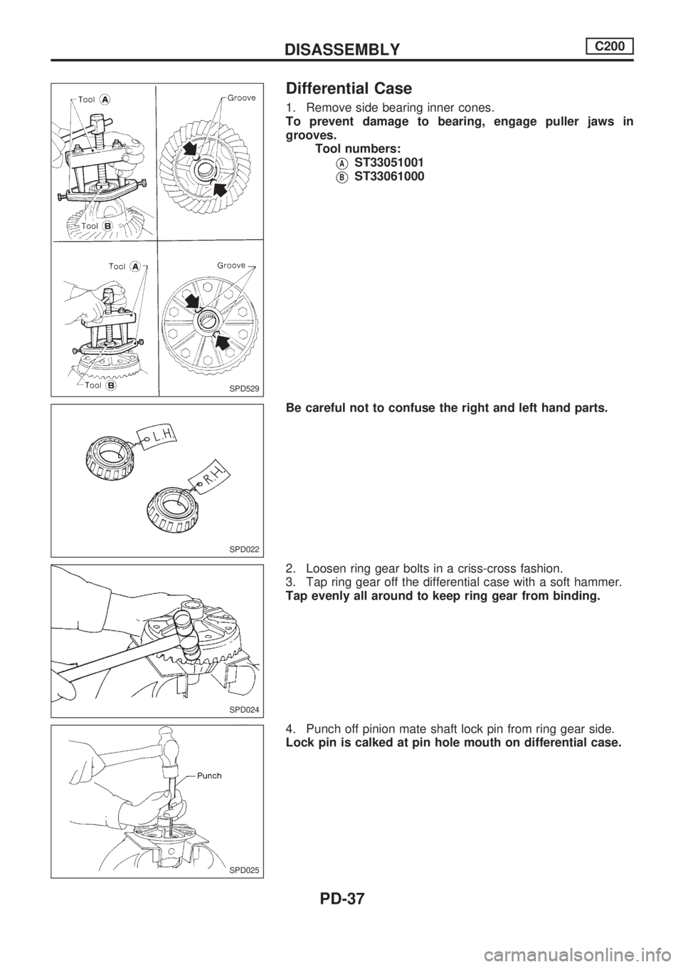 NISSAN PICK-UP 1998  Repair Manual Differential Case
1. Remove side bearing inner cones.
To prevent damage to bearing, engage puller jaws in
grooves.
Tool numbers:
VAST33051001
VBST33061000
Be careful not to confuse the right and left 
