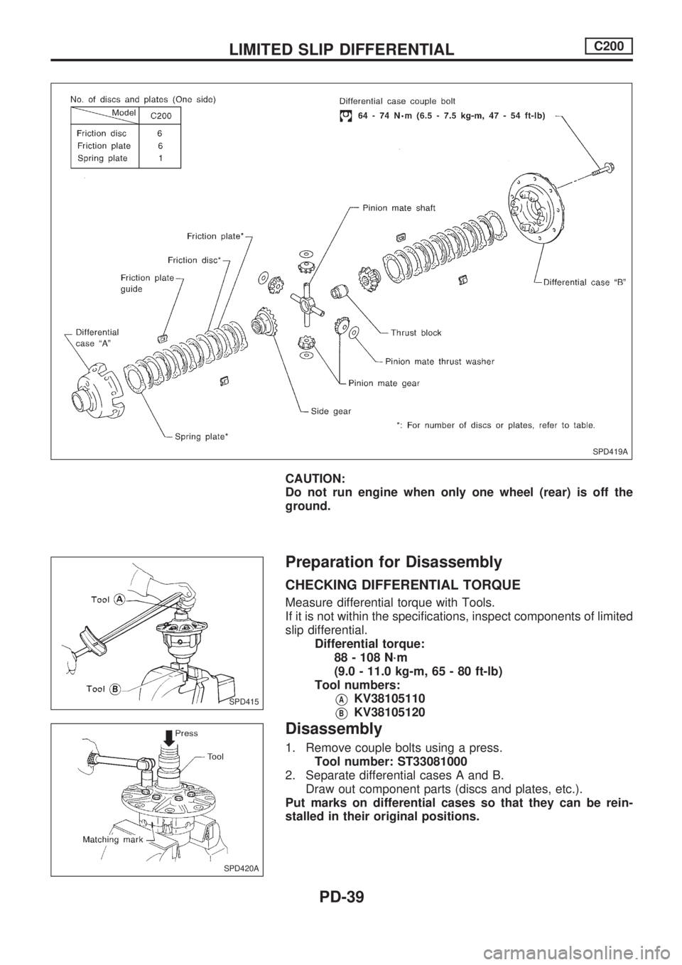 NISSAN PICK-UP 1998  Repair Manual CAUTION:
Do not run engine when only one wheel (rear) is off the
ground.
Preparation for Disassembly
CHECKING DIFFERENTIAL TORQUE
Measure differential torque with Tools.
If it is not within the specif