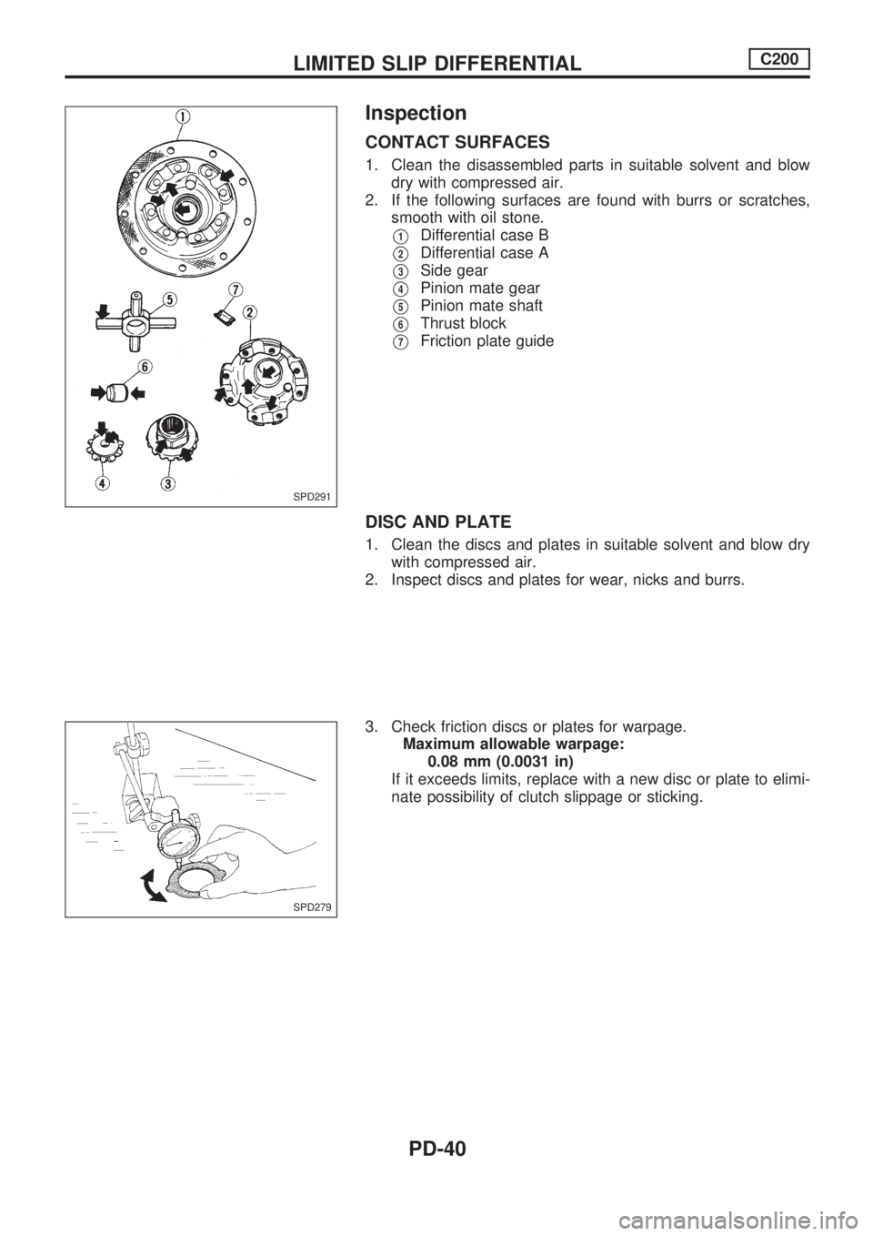 NISSAN PICK-UP 1998 Repair Manual Inspection
CONTACT SURFACES
1. Clean the disassembled parts in suitable solvent and blow
dry with compressed air.
2. If the following surfaces are found with burrs or scratches,
smooth with oil stone. NISSAN PICK-UP 1998 Repair Manual Inspection
CONTACT SURFACES
1. Clean the disassembled parts in suitable solvent and blow
dry with compressed air.
2. If the following surfaces are found with burrs or scratches,
smooth with oil stone.