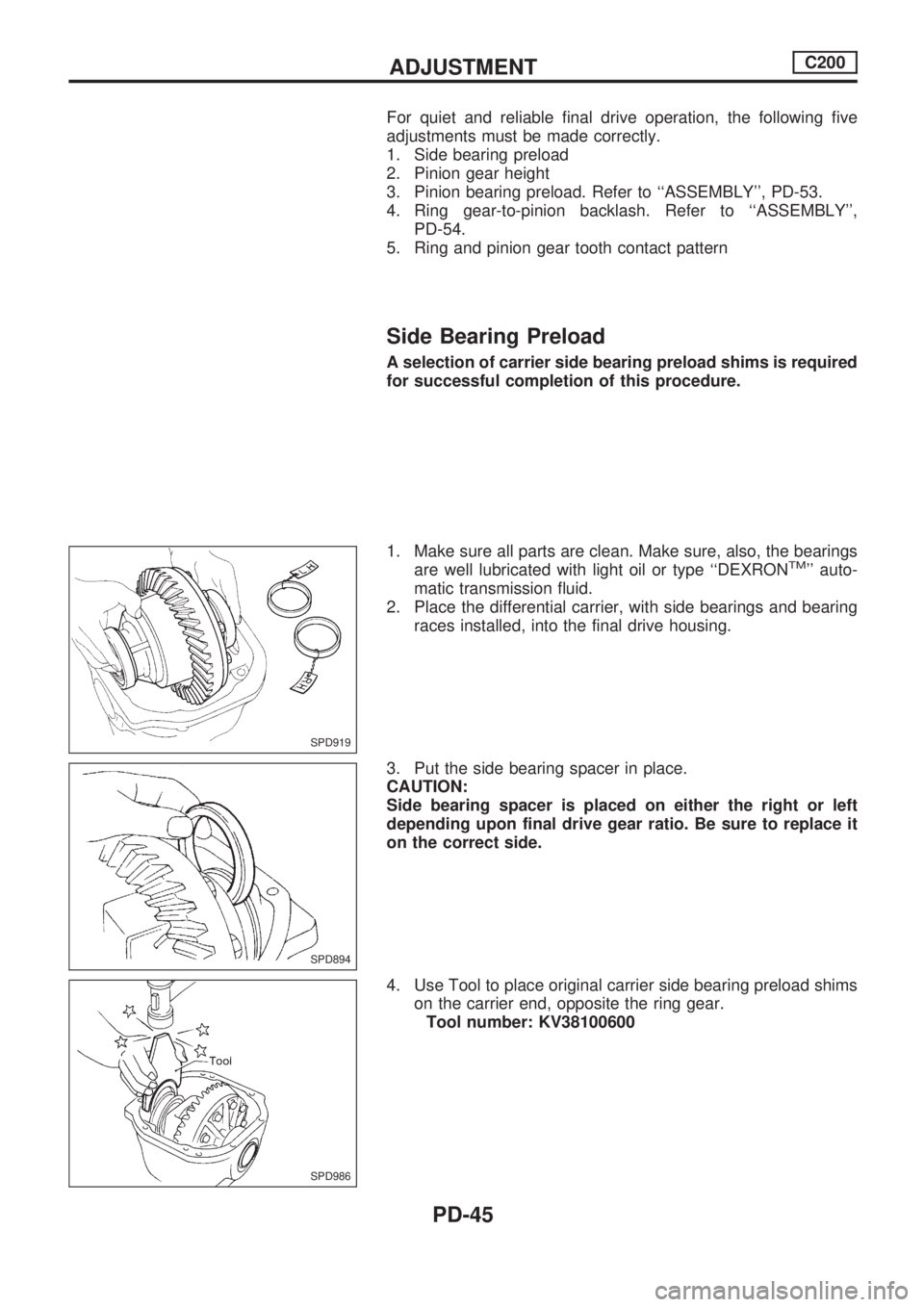 NISSAN PICK-UP 1998 Repair Manual For quiet and reliable final drive operation, the following five
adjustments must be made correctly.
1. Side bearing preload
2. Pinion gear height
3. Pinion bearing preload. Refer to ``ASSEMBLY, PD- NISSAN PICK-UP 1998 Repair Manual For quiet and reliable final drive operation, the following five
adjustments must be made correctly.
1. Side bearing preload
2. Pinion gear height
3. Pinion bearing preload. Refer to ``ASSEMBLY, PD-