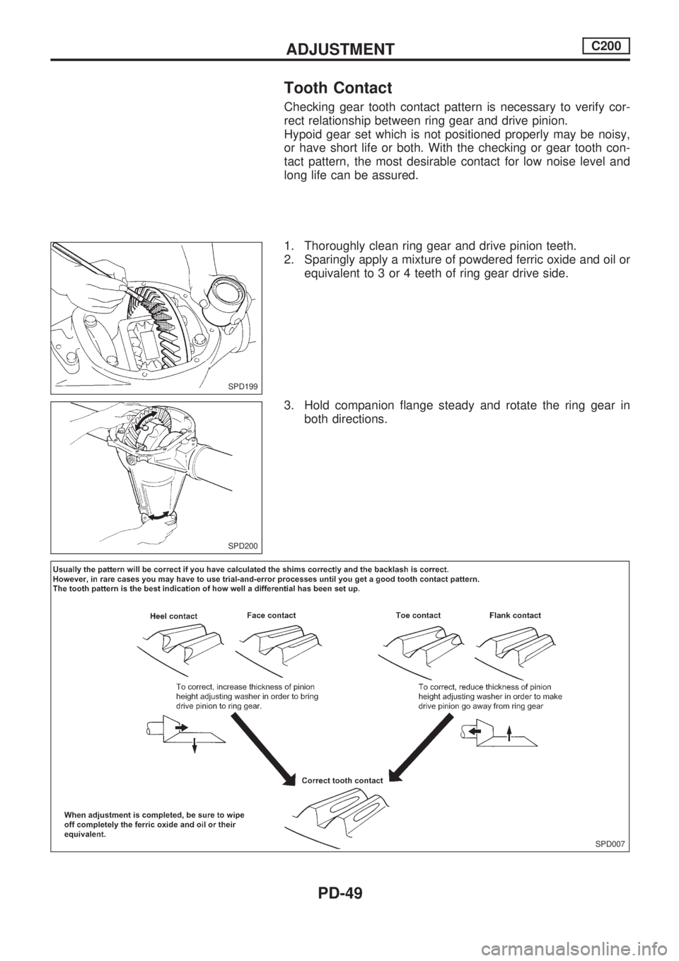 NISSAN PICK-UP 1998 Repair Manual Tooth Contact
Checking gear tooth contact pattern is necessary to verify cor-
rect relationship between ring gear and drive pinion.
Hypoid gear set which is not positioned properly may be noisy,
or ha NISSAN PICK-UP 1998 Repair Manual Tooth Contact
Checking gear tooth contact pattern is necessary to verify cor-
rect relationship between ring gear and drive pinion.
Hypoid gear set which is not positioned properly may be noisy,
or ha