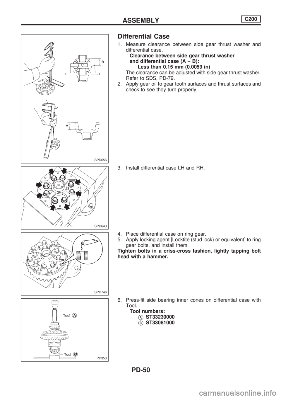 NISSAN PICK-UP 1998  Repair Manual Differential Case
1. Measure clearance between side gear thrust washer and
differential case.
Clearance between side gear thrust washer
and differential case (A þ B):
Less than 0.15 mm (0.0059 in)
Th