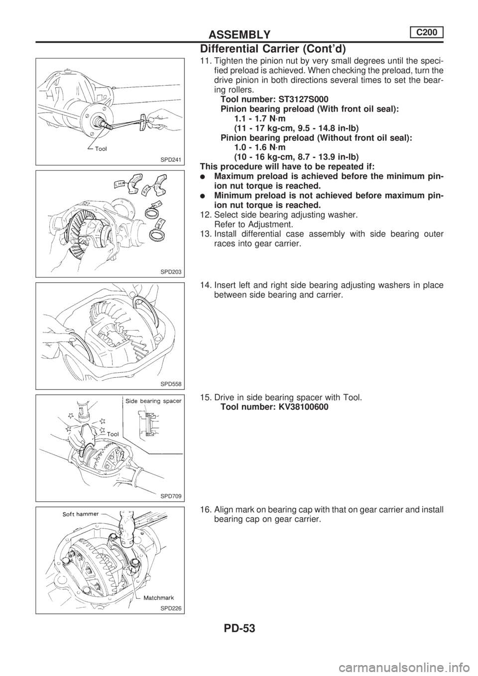 NISSAN PICK-UP 1998 Repair Manual 11. Tighten the pinion nut by very small degrees until the speci-
fied preload is achieved. When checking the preload, turn the
drive pinion in both directions several times to set the bear-
ing rolle NISSAN PICK-UP 1998 Repair Manual 11. Tighten the pinion nut by very small degrees until the speci-
fied preload is achieved. When checking the preload, turn the
drive pinion in both directions several times to set the bear-
ing rolle