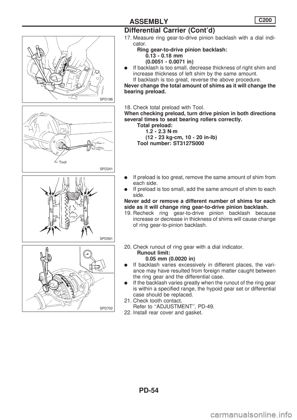 NISSAN PICK-UP 1998 Repair Manual 17. Measure ring gear-to-drive pinion backlash with a dial indi-
cator.
Ring gear-to-drive pinion backlash:
0.13 - 0.18 mm
(0.0051 - 0.0071 in)
lIf backlash is too small, decrease thickness of right s NISSAN PICK-UP 1998 Repair Manual 17. Measure ring gear-to-drive pinion backlash with a dial indi-
cator.
Ring gear-to-drive pinion backlash:
0.13 - 0.18 mm
(0.0051 - 0.0071 in)
lIf backlash is too small, decrease thickness of right s