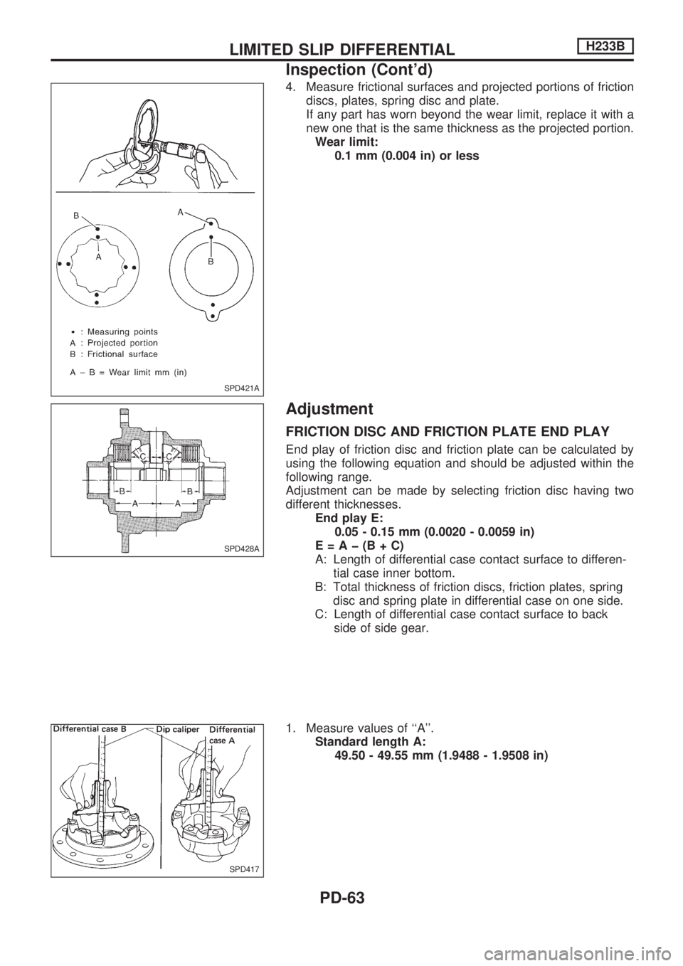 NISSAN PICK-UP 1998 Repair Manual 4. Measure frictional surfaces and projected portions of friction
discs, plates, spring disc and plate.
If any part has worn beyond the wear limit, replace it with a
new one that is the same thickness NISSAN PICK-UP 1998 Repair Manual 4. Measure frictional surfaces and projected portions of friction
discs, plates, spring disc and plate.
If any part has worn beyond the wear limit, replace it with a
new one that is the same thickness