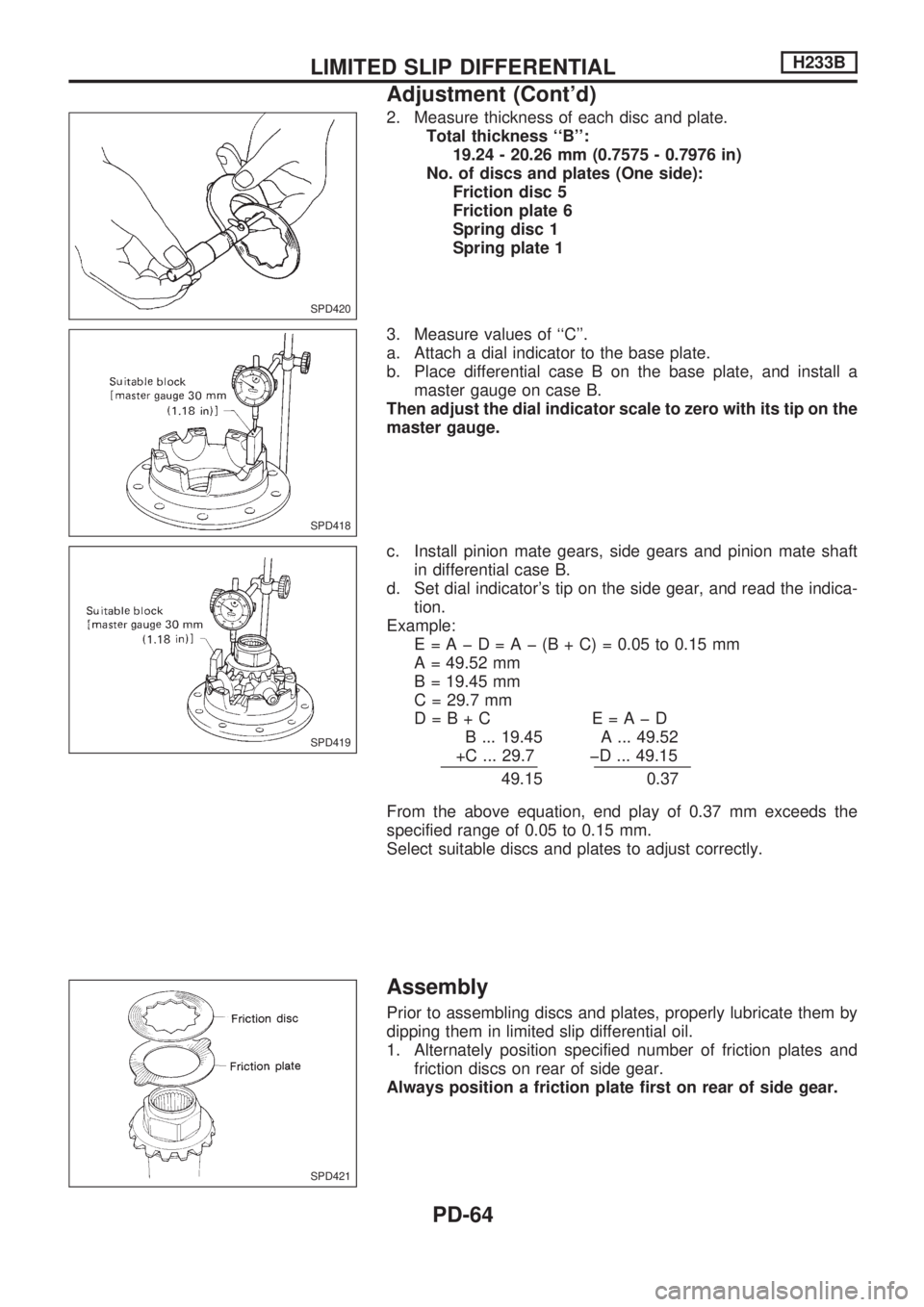 NISSAN PICK-UP 1998 Repair Manual 2. Measure thickness of each disc and plate.
Total thickness ``B:
19.24 - 20.26 mm (0.7575 - 0.7976 in)
No. of discs and plates (One side):
Friction disc 5
Friction plate 6
Spring disc 1
Spring plat NISSAN PICK-UP 1998 Repair Manual 2. Measure thickness of each disc and plate.
Total thickness ``B:
19.24 - 20.26 mm (0.7575 - 0.7976 in)
No. of discs and plates (One side):
Friction disc 5
Friction plate 6
Spring disc 1
Spring plat