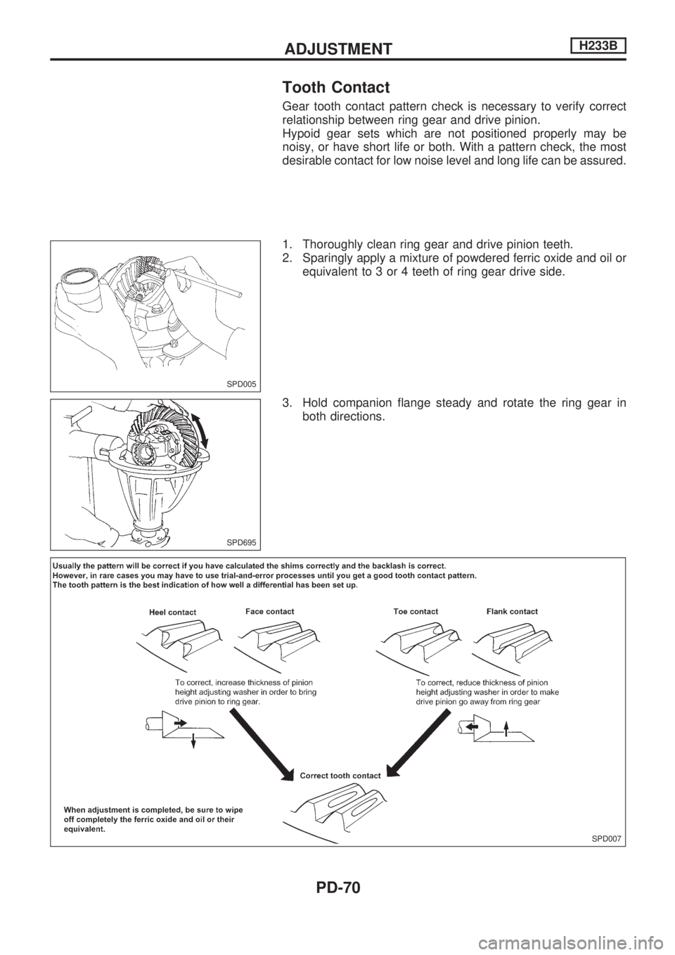 NISSAN PICK-UP 1998 Repair Manual Tooth Contact
Gear tooth contact pattern check is necessary to verify correct
relationship between ring gear and drive pinion.
Hypoid gear sets which are not positioned properly may be
noisy, or have NISSAN PICK-UP 1998 Repair Manual Tooth Contact
Gear tooth contact pattern check is necessary to verify correct
relationship between ring gear and drive pinion.
Hypoid gear sets which are not positioned properly may be
noisy, or have