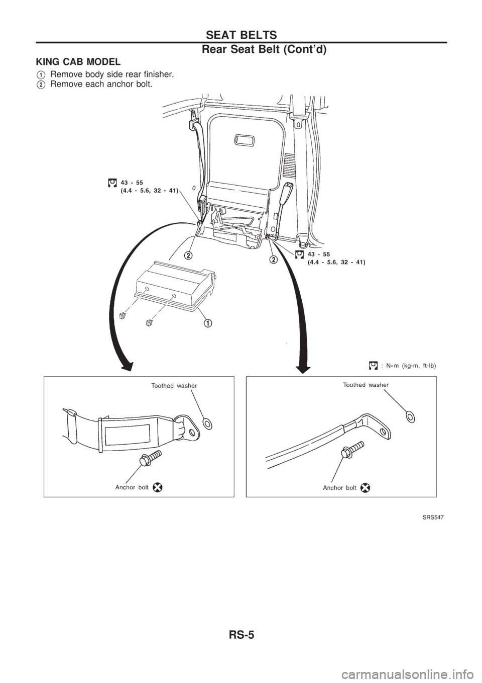 NISSAN PICK-UP 1998 Repair Manual KING CAB MODEL
V1Remove body side rear finisher.
V2Remove each anchor bolt.
SRS547
SEAT BELTS
Rear Seat Belt (Contd)
RS-5 NISSAN PICK-UP 1998 Repair Manual KING CAB MODEL
V1Remove body side rear finisher.
V2Remove each anchor bolt.
SRS547
SEAT BELTS
Rear Seat Belt (Contd)
RS-5