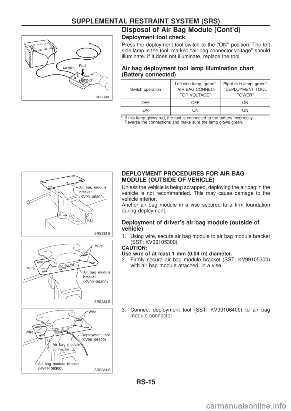 NISSAN PICK-UP 1998 Repair Manual Deployment tool check
Press the deployment tool switch to the ``ON position. The left
side lamp in the tool, marked ``air bag connector voltage should
illuminate. If it does not illuminate, replac NISSAN PICK-UP 1998 Repair Manual Deployment tool check
Press the deployment tool switch to the ``ON position. The left
side lamp in the tool, marked ``air bag connector voltage should
illuminate. If it does not illuminate, replac