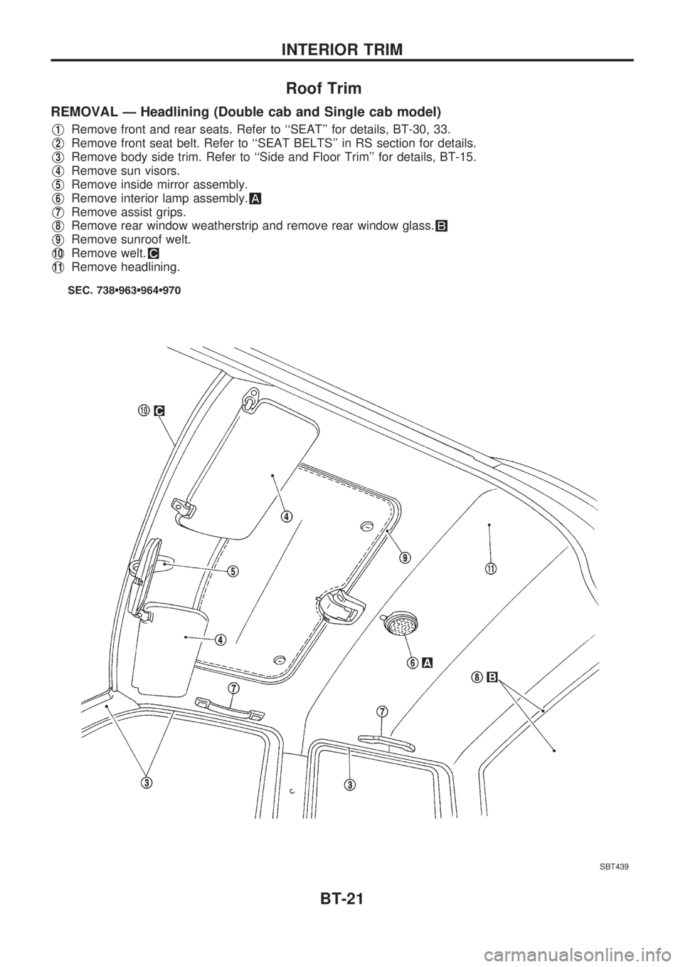 NISSAN PICK-UP 1998 Repair Manual Roof Trim
REMOVAL Ð Headlining (Double cab and Single cab model)
V1Remove front and rear seats. Refer to ``SEAT for details, BT-30, 33.
V2Remove front seat belt. Refer to ``SEAT BELTS in RS secti NISSAN PICK-UP 1998 Repair Manual Roof Trim
REMOVAL Ð Headlining (Double cab and Single cab model)
V1Remove front and rear seats. Refer to ``SEAT for details, BT-30, 33.
V2Remove front seat belt. Refer to ``SEAT BELTS in RS secti