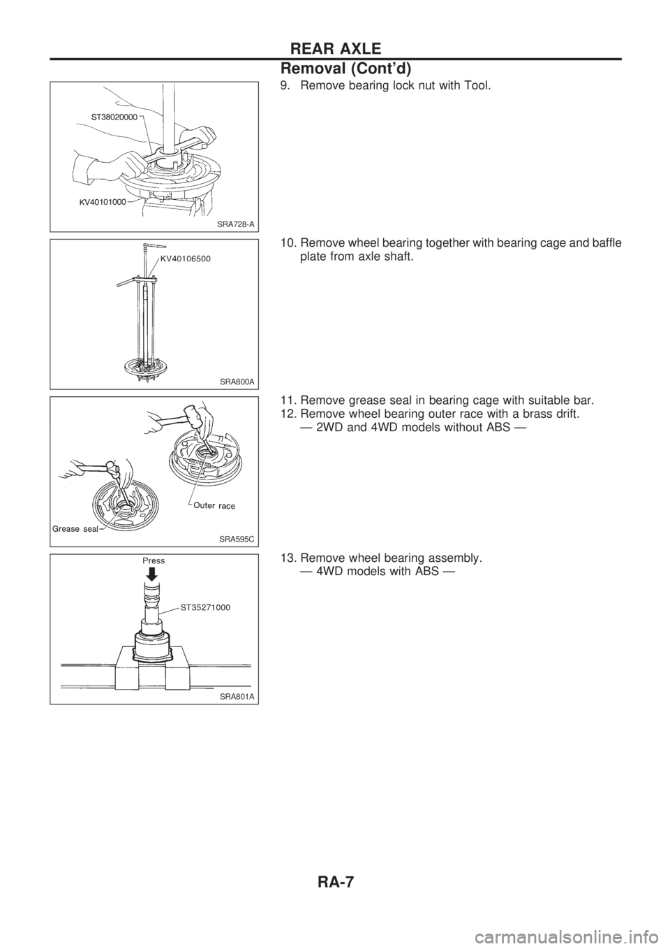 NISSAN PICK-UP 1998  Repair Manual 9. Remove bearing lock nut with Tool.
10. Remove wheel bearing together with bearing cage and baffle
plate from axle shaft.
11. Remove grease seal in bearing cage with suitable bar.
12. Remove wheel b
