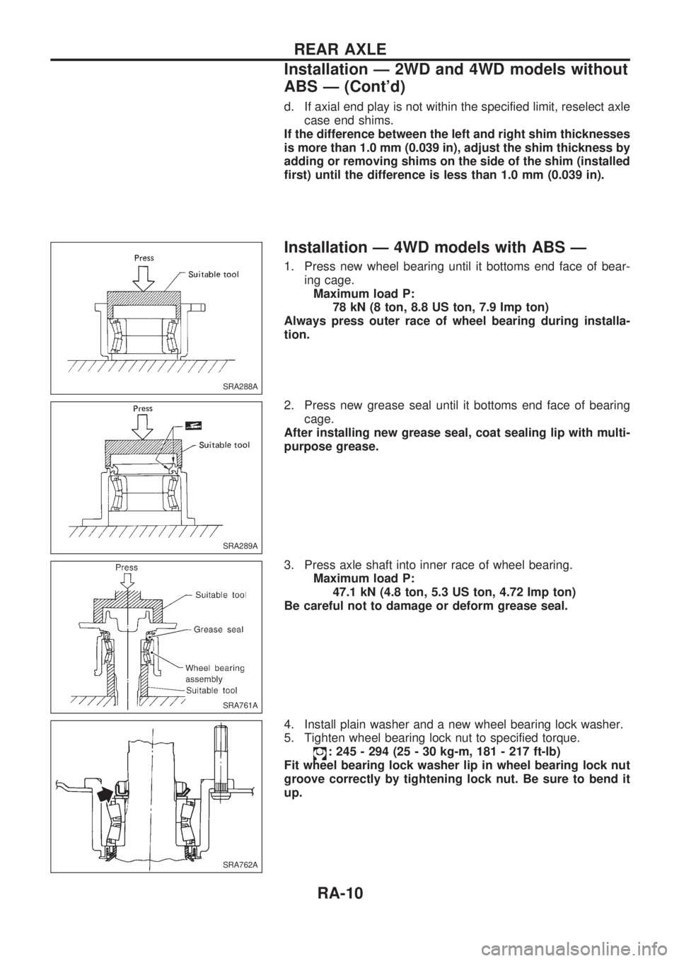NISSAN PICK-UP 1998  Repair Manual d. If axial end play is not within the specified limit, reselect axle
case end shims.
If the difference between the left and right shim thicknesses
is more than 1.0 mm (0.039 in), adjust the shim thic