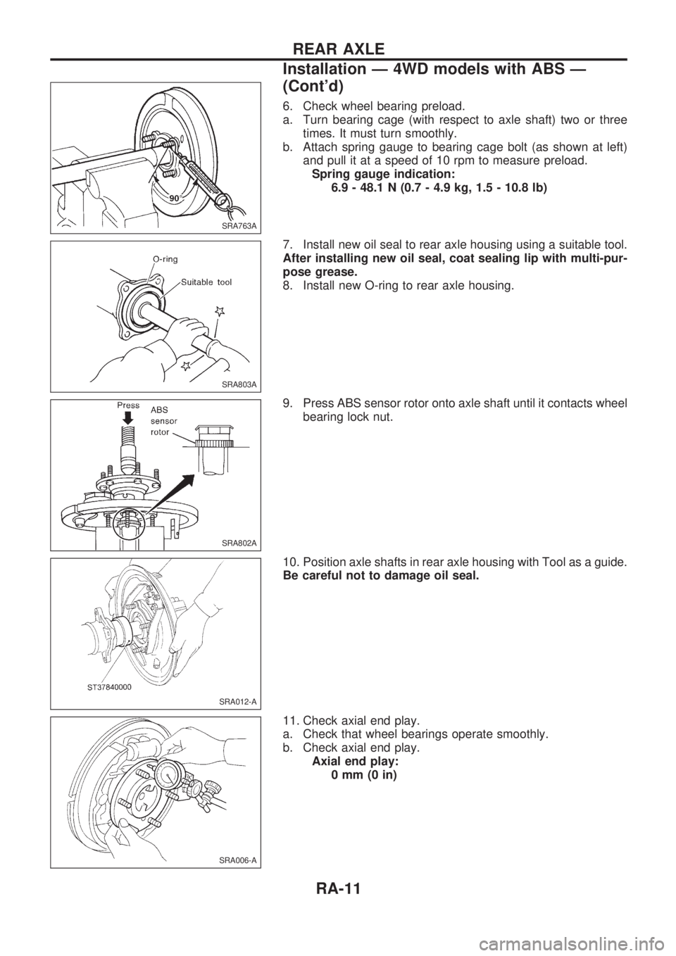 NISSAN PICK-UP 1998  Repair Manual 6. Check wheel bearing preload.
a. Turn bearing cage (with respect to axle shaft) two or three
times. It must turn smoothly.
b. Attach spring gauge to bearing cage bolt (as shown at left)
and pull it 