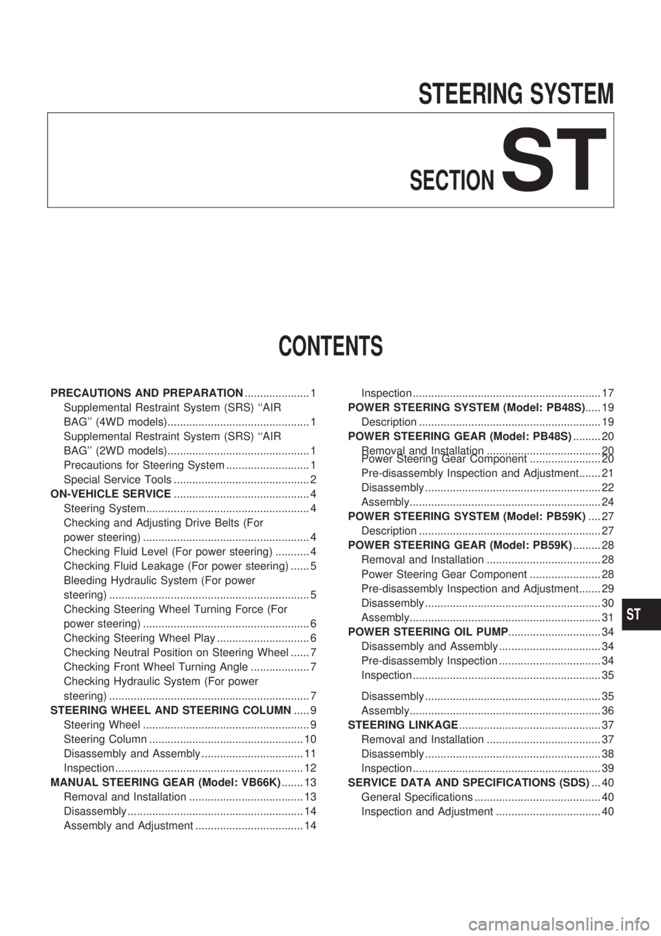 NISSAN PICK-UP 1998 Repair Manual STEERING SYSTEM
SECTIONST
CONTENTS
PRECAUTIONS AND PREPARATION..................... 1
Supplemental Restraint System (SRS) ``AIR
BAG (4WD models).............................................. 1
Suppl NISSAN PICK-UP 1998 Repair Manual STEERING SYSTEM
SECTIONST
CONTENTS
PRECAUTIONS AND PREPARATION..................... 1
Supplemental Restraint System (SRS) ``AIR
BAG (4WD models).............................................. 1
Suppl