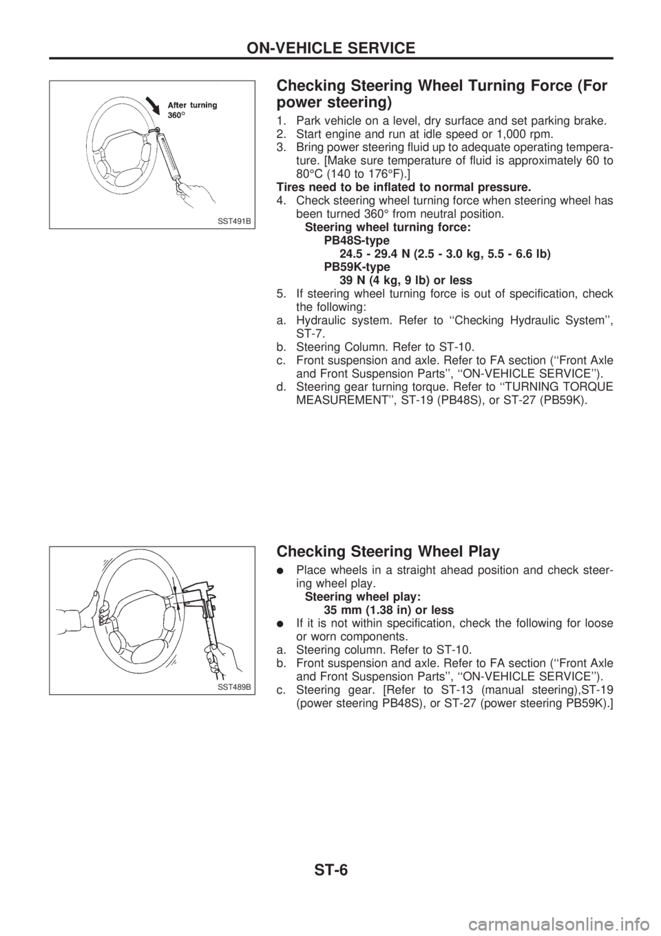 NISSAN PICK-UP 1998 Repair Manual Checking Steering Wheel Turning Force (For
power steering)
1. Park vehicle on a level, dry surface and set parking brake.
2. Start engine and run at idle speed or 1,000 rpm.
3. Bring power steering fl NISSAN PICK-UP 1998 Repair Manual Checking Steering Wheel Turning Force (For
power steering)
1. Park vehicle on a level, dry surface and set parking brake.
2. Start engine and run at idle speed or 1,000 rpm.
3. Bring power steering fl