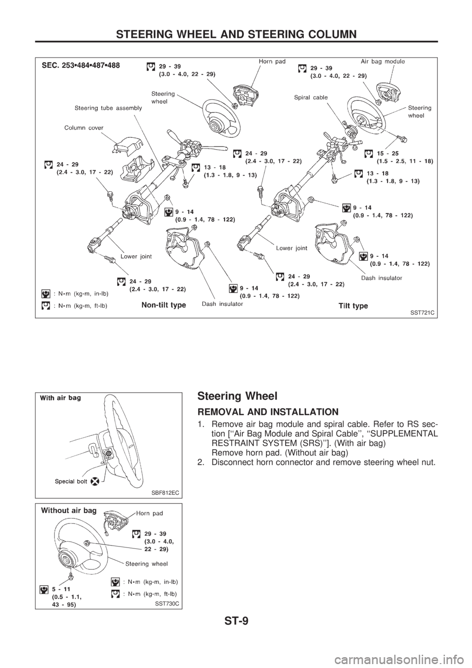 NISSAN PICK-UP 1998  Repair Manual Steering Wheel
REMOVAL AND INSTALLATION
1. Remove air bag module and spiral cable. Refer to RS sec-
tion [``Air Bag Module and Spiral Cable, ``SUPPLEMENTAL
RESTRAINT SYSTEM (SRS)]. (With air bag)

