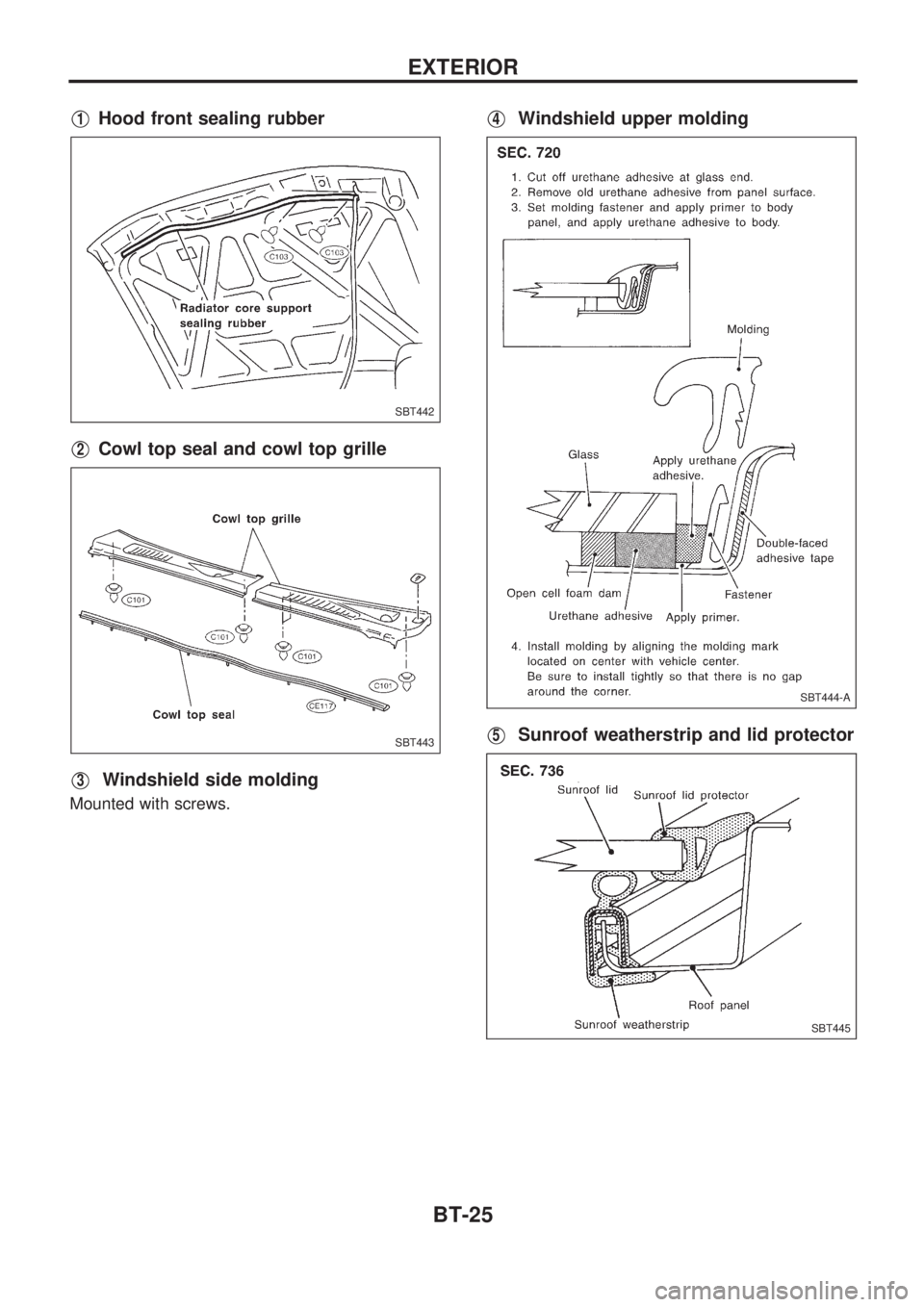 NISSAN PICK-UP 1998 Repair Manual V1Hood front sealing rubber
V2Cowl top seal and cowl top grille
V3Windshield side molding
Mounted with screws.
V4Windshield upper molding
V5Sunroof weatherstrip and lid protector
SBT442
SBT443
SBT444- NISSAN PICK-UP 1998 Repair Manual V1Hood front sealing rubber
V2Cowl top seal and cowl top grille
V3Windshield side molding
Mounted with screws.
V4Windshield upper molding
V5Sunroof weatherstrip and lid protector
SBT442
SBT443
SBT444-