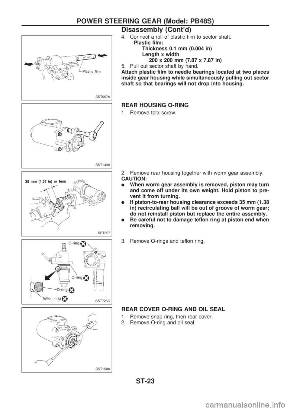 NISSAN PICK-UP 1998 Repair Manual 4. Connect a roll of plastic film to sector shaft.
Plastic film:
Thickness 0.1 mm (0.004 in)
Length x width
200 x 200 mm (7.87 x 7.87 in)
5. Pull out sector shaft by hand.
Attach plastic film to needl NISSAN PICK-UP 1998 Repair Manual 4. Connect a roll of plastic film to sector shaft.
Plastic film:
Thickness 0.1 mm (0.004 in)
Length x width
200 x 200 mm (7.87 x 7.87 in)
5. Pull out sector shaft by hand.
Attach plastic film to needl