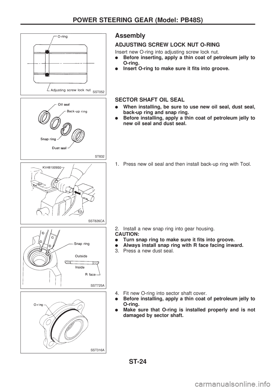 NISSAN PICK-UP 1998  Repair Manual Assembly
ADJUSTING SCREW LOCK NUT O-RING
Insert new O-ring into adjusting screw lock nut.
lBefore inserting, apply a thin coat of petroleum jelly to
O-ring.
lInsert O-ring to make sure it fits into gr