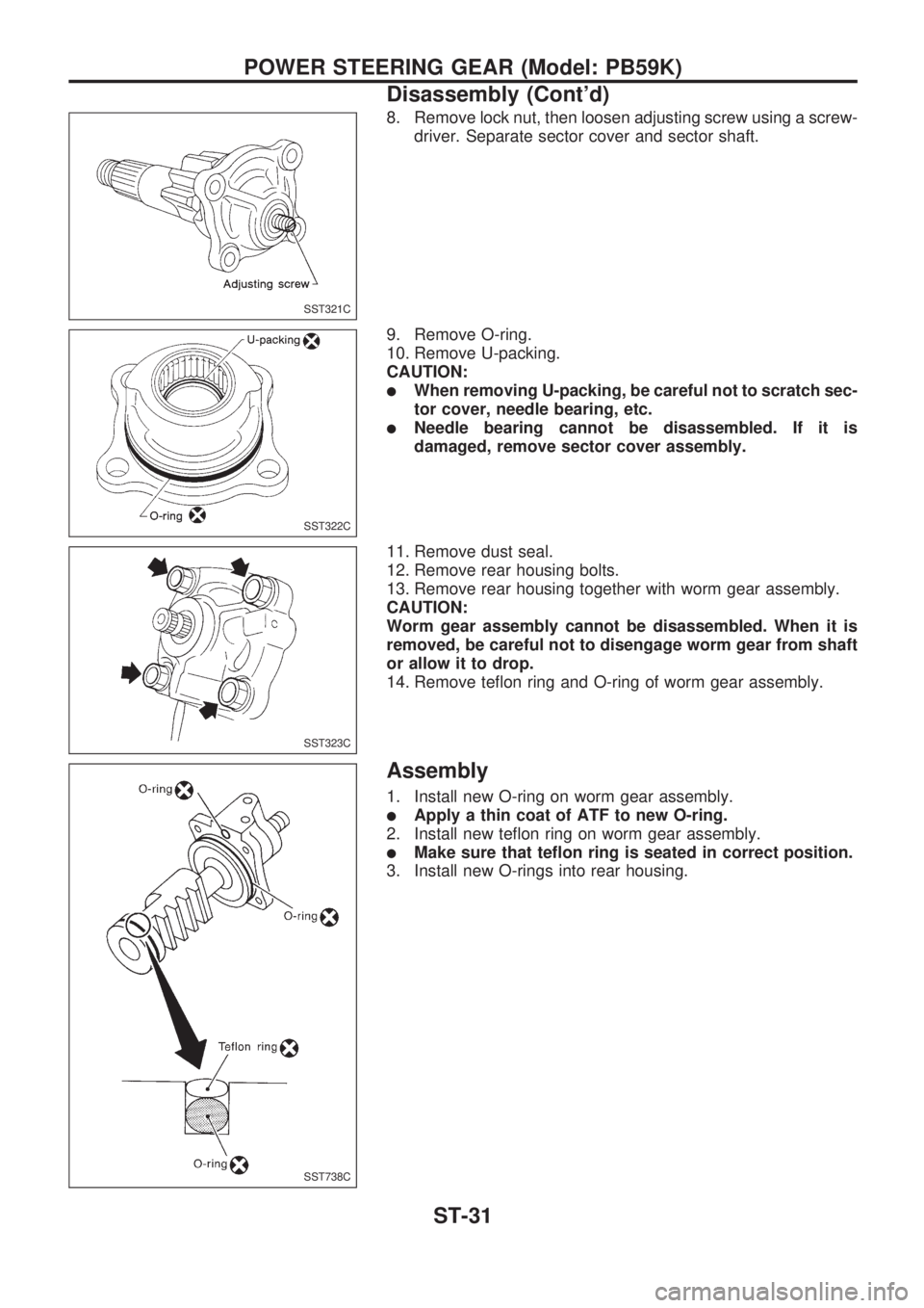 NISSAN PICK-UP 1998  Repair Manual 8. Remove lock nut, then loosen adjusting screw using a screw-
driver. Separate sector cover and sector shaft.
9. Remove O-ring.
10. Remove U-packing.
CAUTION:
lWhen removing U-packing, be careful not