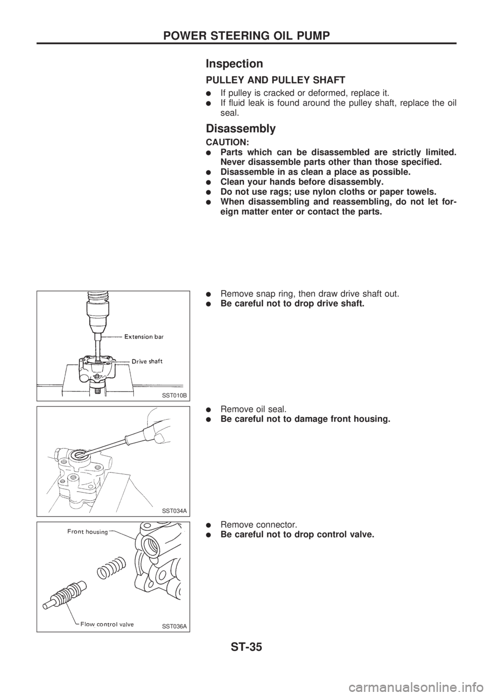 NISSAN PICK-UP 1998  Repair Manual Inspection
PULLEY AND PULLEY SHAFT
lIf pulley is cracked or deformed, replace it.
lIf fluid leak is found around the pulley shaft, replace the oil
seal.
Disassembly
CAUTION:
lParts which can be disass