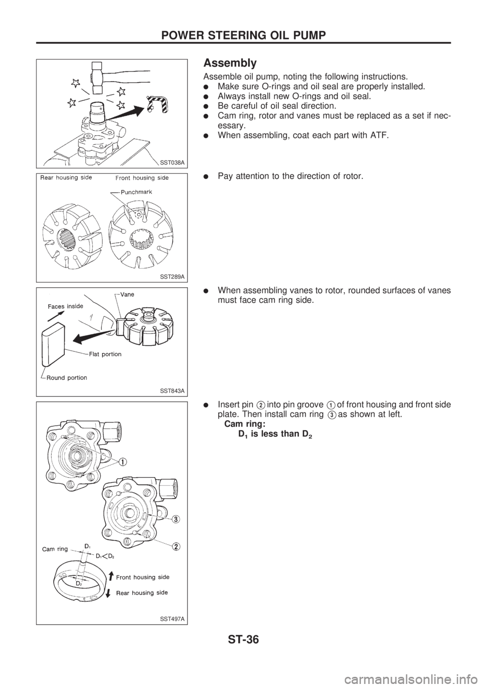 NISSAN PICK-UP 1998  Repair Manual Assembly
Assemble oil pump, noting the following instructions.
lMake sure O-rings and oil seal are properly installed.
lAlways install new O-rings and oil seal.
lBe careful of oil seal direction.
lCam