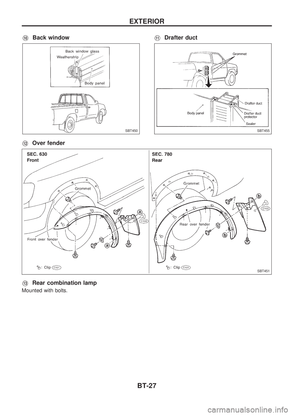 NISSAN PICK-UP 1998 Repair Manual V10Back windowV11Drafter duct
V12Over fender
V13Rear combination lamp
Mounted with bolts.
SBT450SBT455
SBT451
EXTERIOR
BT-27 NISSAN PICK-UP 1998 Repair Manual V10Back windowV11Drafter duct
V12Over fender
V13Rear combination lamp
Mounted with bolts.
SBT450SBT455
SBT451
EXTERIOR
BT-27