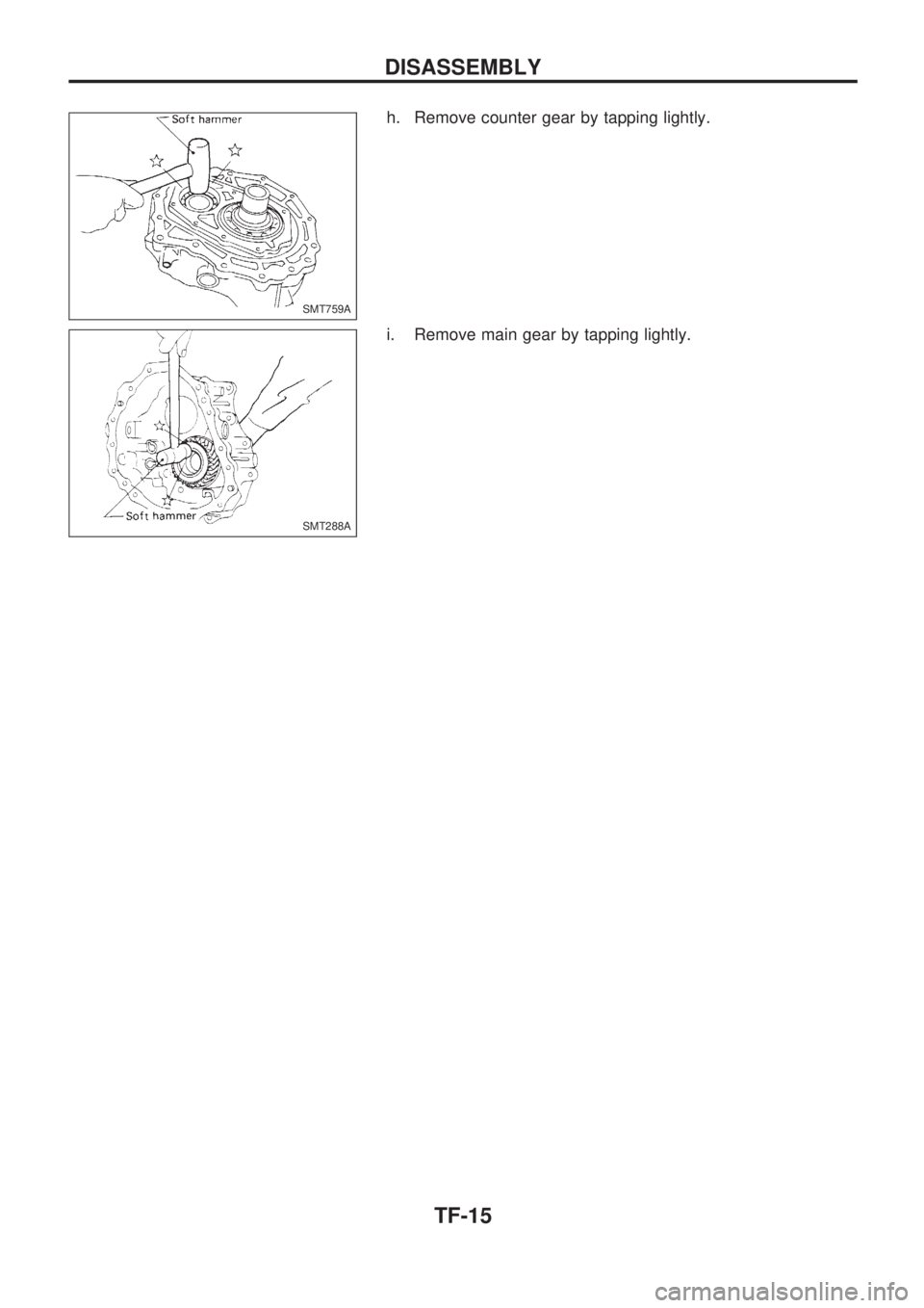 NISSAN PICK-UP 1998  Repair Manual h. Remove counter gear by tapping lightly.
i. Remove main gear by tapping lightly.
SMT759A
SMT288A
DISASSEMBLY
TF-15 