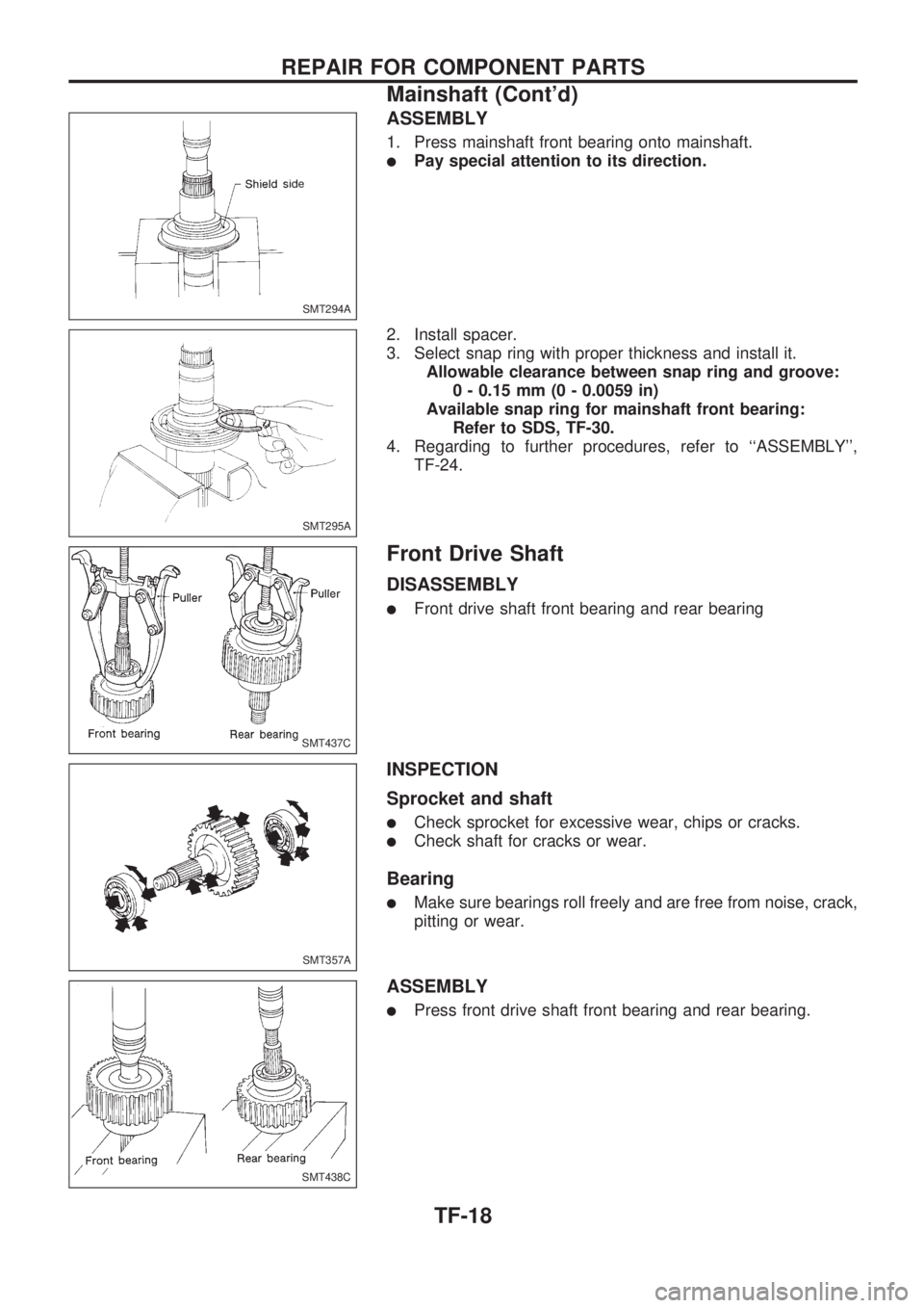 NISSAN PICK-UP 1998  Repair Manual ASSEMBLY
1. Press mainshaft front bearing onto mainshaft.
lPay special attention to its direction.
2. Install spacer.
3. Select snap ring with proper thickness and install it.
Allowable clearance betw