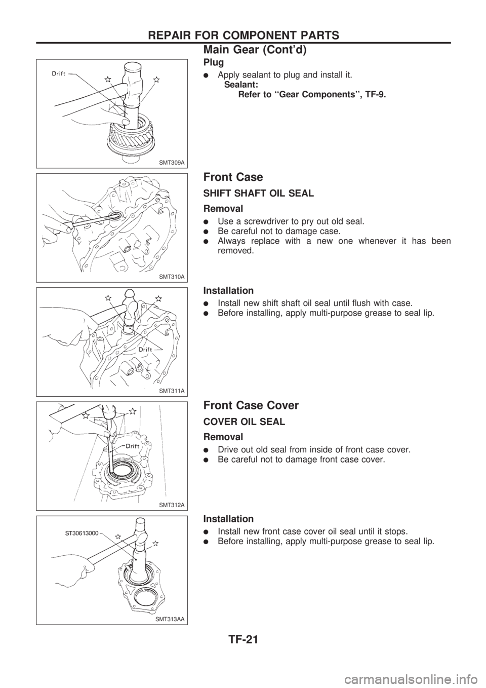 NISSAN PICK-UP 1998  Repair Manual Plug
lApply sealant to plug and install it.
Sealant:
Refer to ``Gear Components, TF-9.
Front Case
SHIFT SHAFT OIL SEAL
Removal
lUse a screwdriver to pry out old seal.
lBe careful not to damage case.