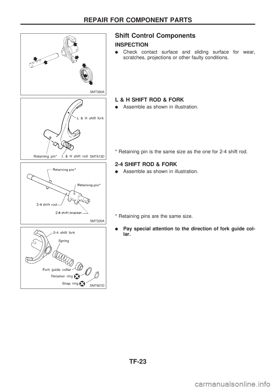 NISSAN PICK-UP 1998  Repair Manual Shift Control Components
INSPECTION
lCheck contact surface and sliding surface for wear,
scratches, projections or other faulty conditions.
L & H SHIFT ROD & FORK
lAssemble as shown in illustration.
*