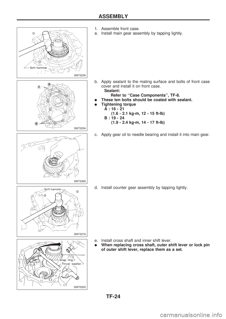 NISSAN PICK-UP 1998  Repair Manual 1. Assemble front case.
a. Install main gear assembly by tapping lightly.
b. Apply sealant to the mating surface and bolts of front case
cover and install it on front case.
Sealant:
Refer to ``Case Co