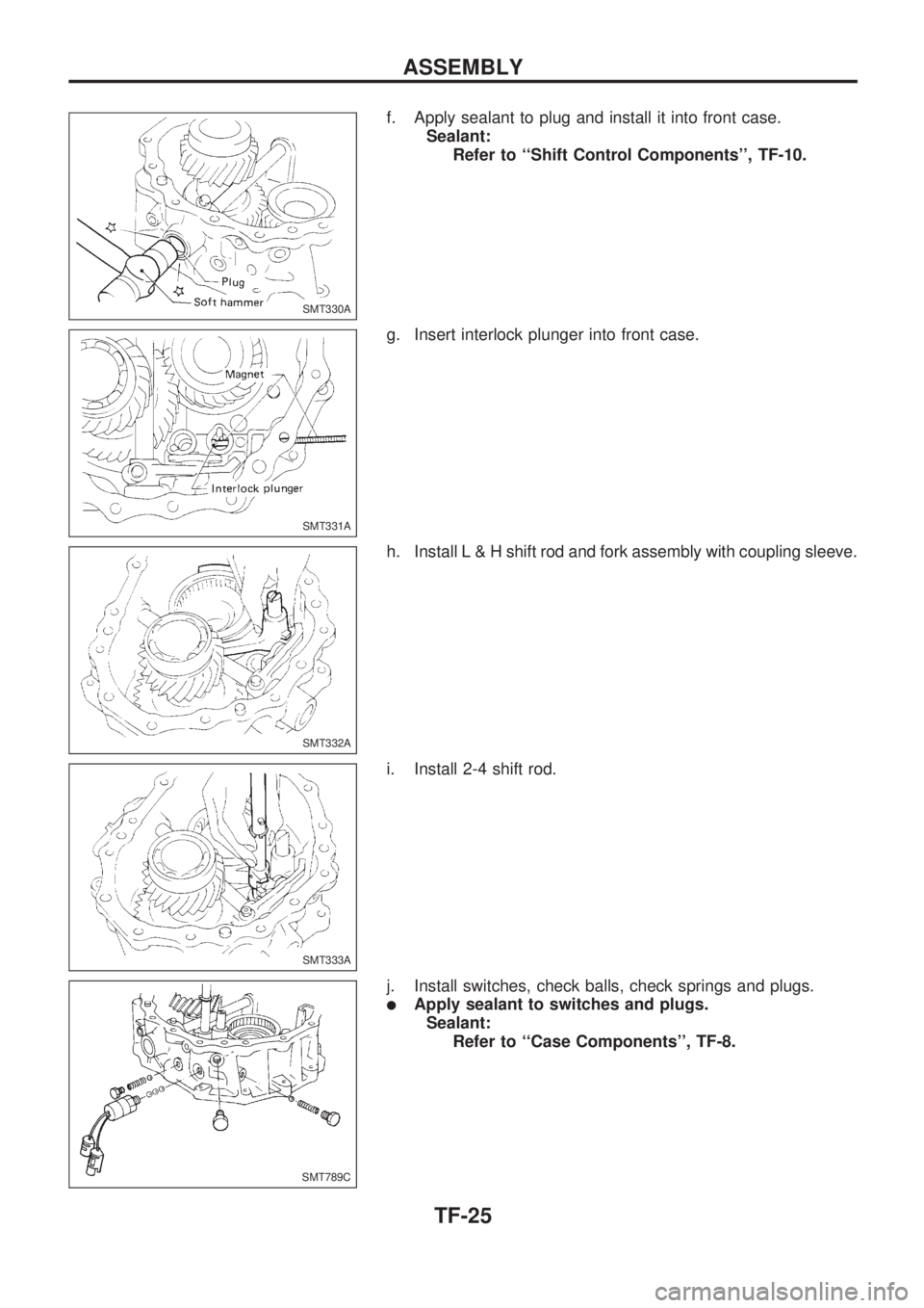 NISSAN PICK-UP 1998  Repair Manual f. Apply sealant to plug and install it into front case.
Sealant:
Refer to ``Shift Control Components, TF-10.
g. Insert interlock plunger into front case.
h. InstallL&Hshift rod and fork assembly wi