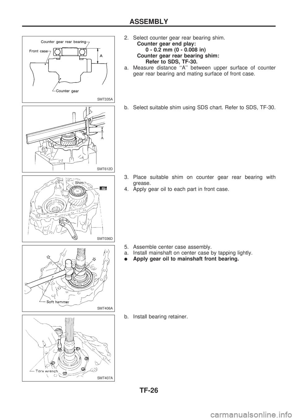 NISSAN PICK-UP 1998 Repair Manual 2. Select counter gear rear bearing shim.
Counter gear end play:
0 - 0.2 mm (0 - 0.008 in)
Counter gear rear bearing shim:
Refer to SDS, TF-30.
a. Measure distance ``A between upper surface of count NISSAN PICK-UP 1998 Repair Manual 2. Select counter gear rear bearing shim.
Counter gear end play:
0 - 0.2 mm (0 - 0.008 in)
Counter gear rear bearing shim:
Refer to SDS, TF-30.
a. Measure distance ``A between upper surface of count