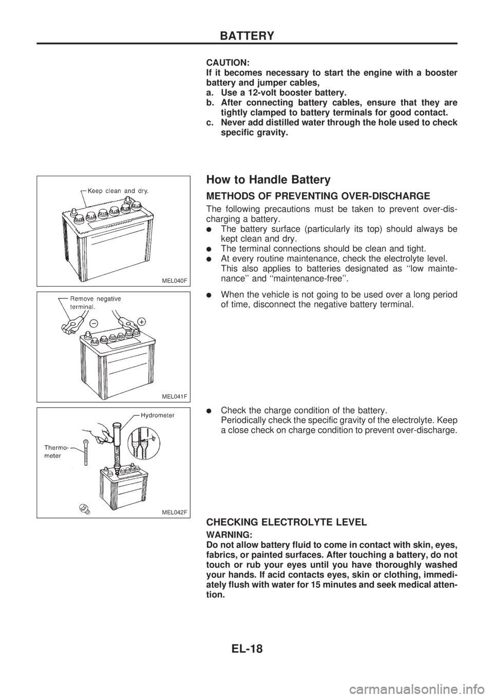 NISSAN PICK-UP 1998  Repair Manual CAUTION:
If it becomes necessary to start the engine with a booster
battery and jumper cables,
a. Use a 12-volt booster battery.
b. After connecting battery cables, ensure that they are
tightly clampe