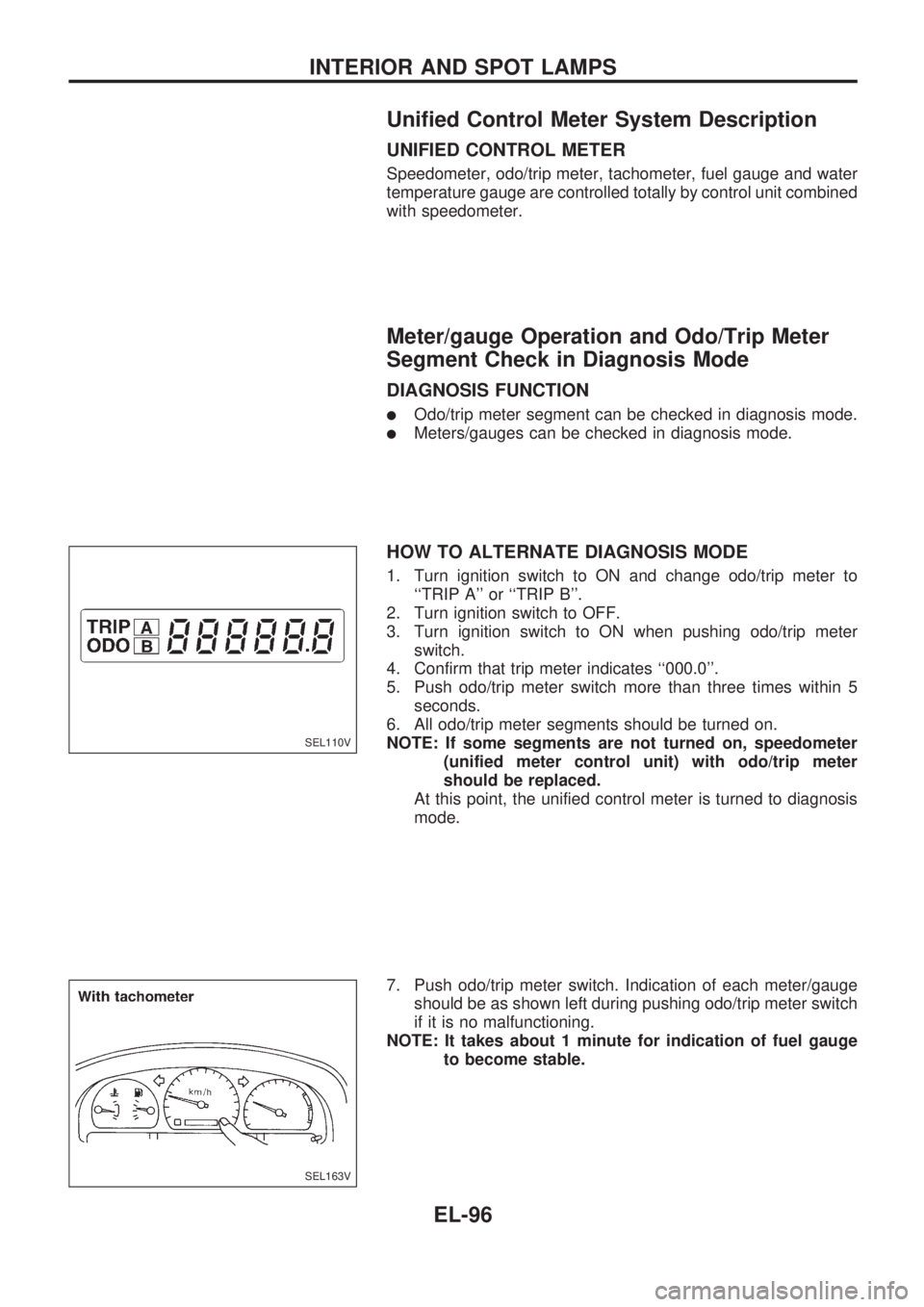NISSAN PICK-UP 1998 Repair Manual Unified Control Meter System Description
UNIFIED CONTROL METER
Speedometer, odo/trip meter, tachometer, fuel gauge and water
temperature gauge are controlled totally by control unit combined
with spee NISSAN PICK-UP 1998 Repair Manual Unified Control Meter System Description
UNIFIED CONTROL METER
Speedometer, odo/trip meter, tachometer, fuel gauge and water
temperature gauge are controlled totally by control unit combined
with spee